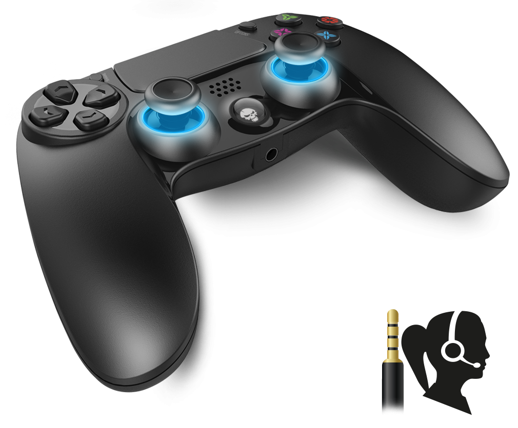 Fekete gaming kontroller kék fénnyel és headset porttal.