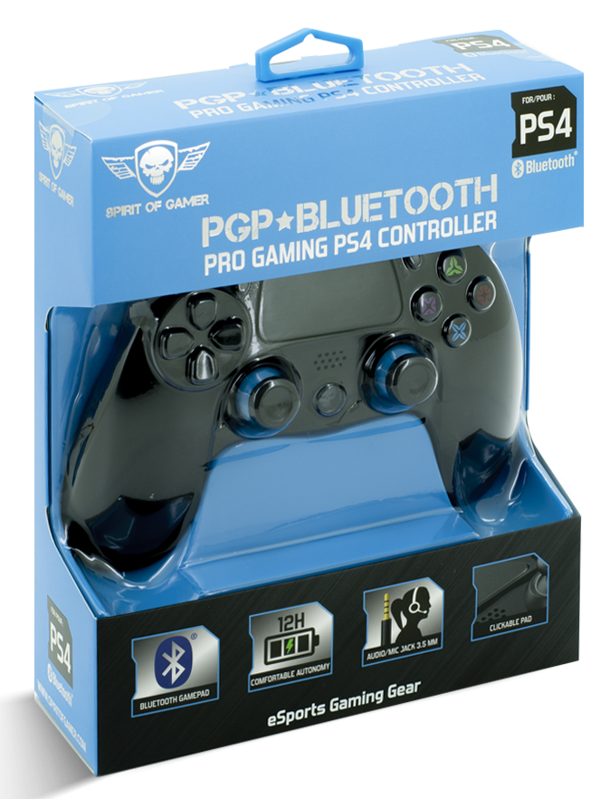 PS4-es kontroller kék-fekete dobozban, 'PCP Bluetooth Pro Gaming' felirattal.