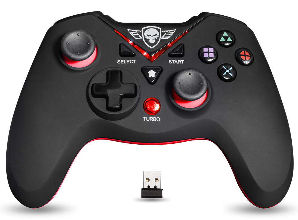 Fekete gamer kontroller piros díszítéssel, koponya logóval és USB vevővel. Irány, turbó és akció gombok.