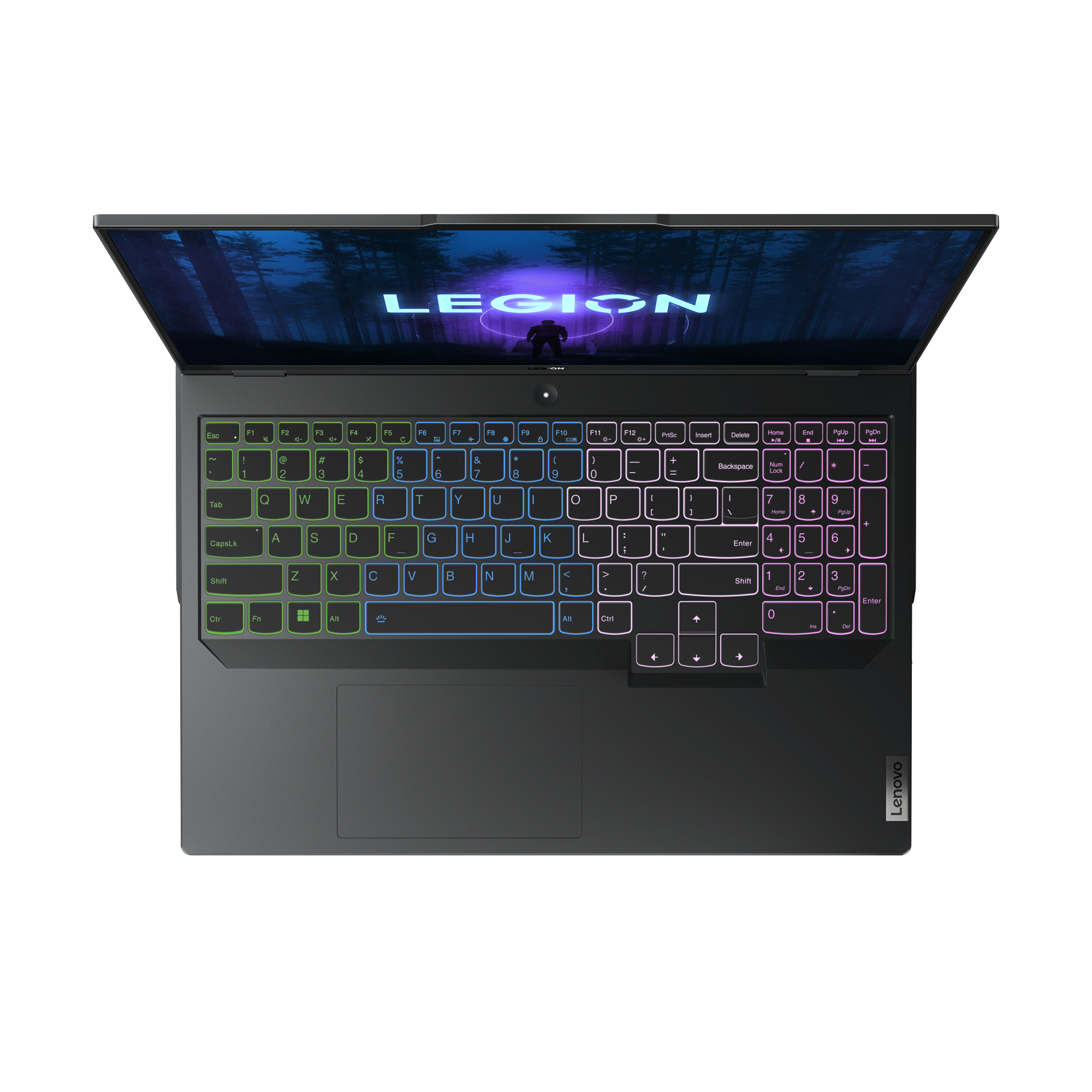 Laptop mit mehrfarbig beleuchteter Tastatur, Draufsicht.