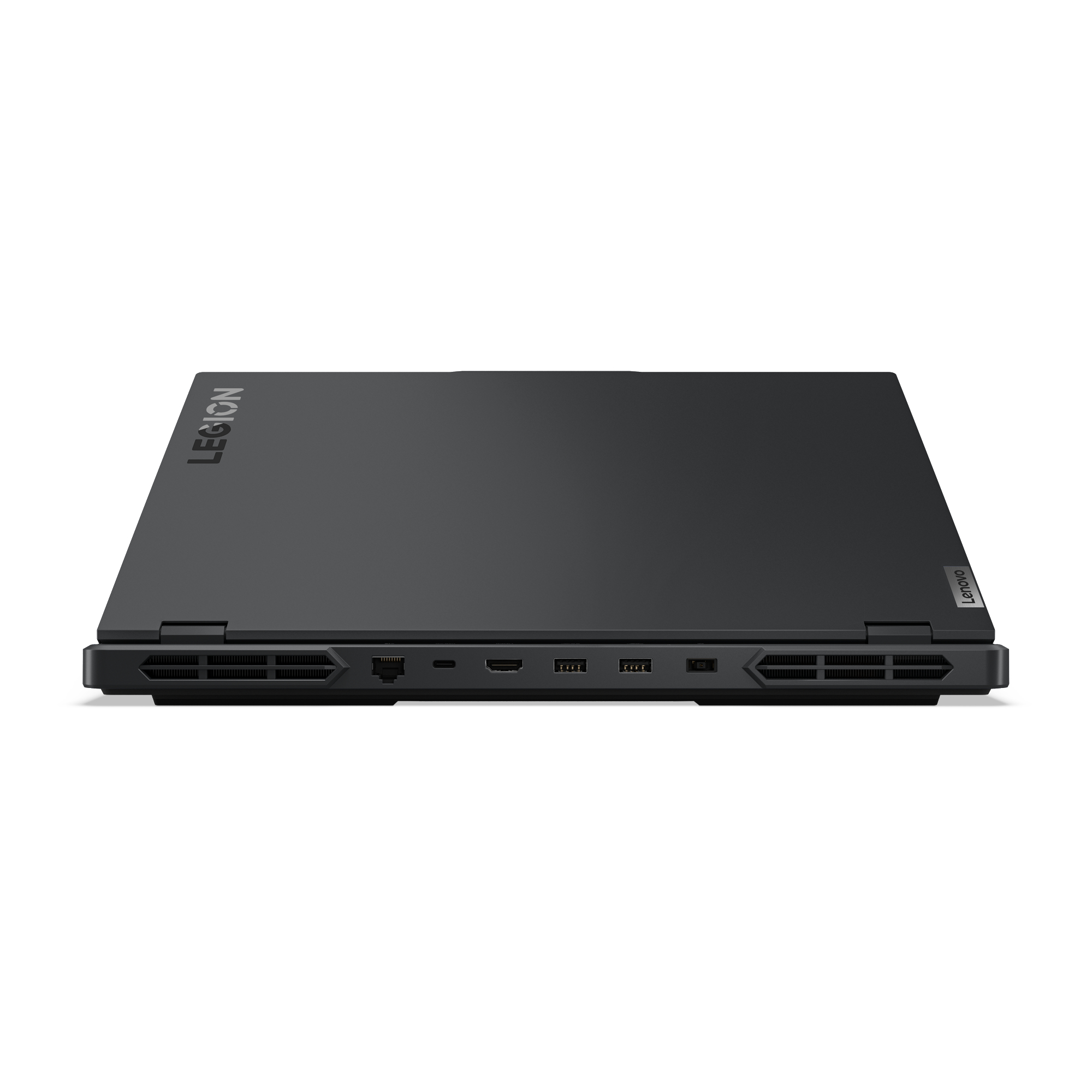 Schwarzer Laptop mit der Aufschrift 'LEGION'. Er ist geschlossen und von oben gesehen.