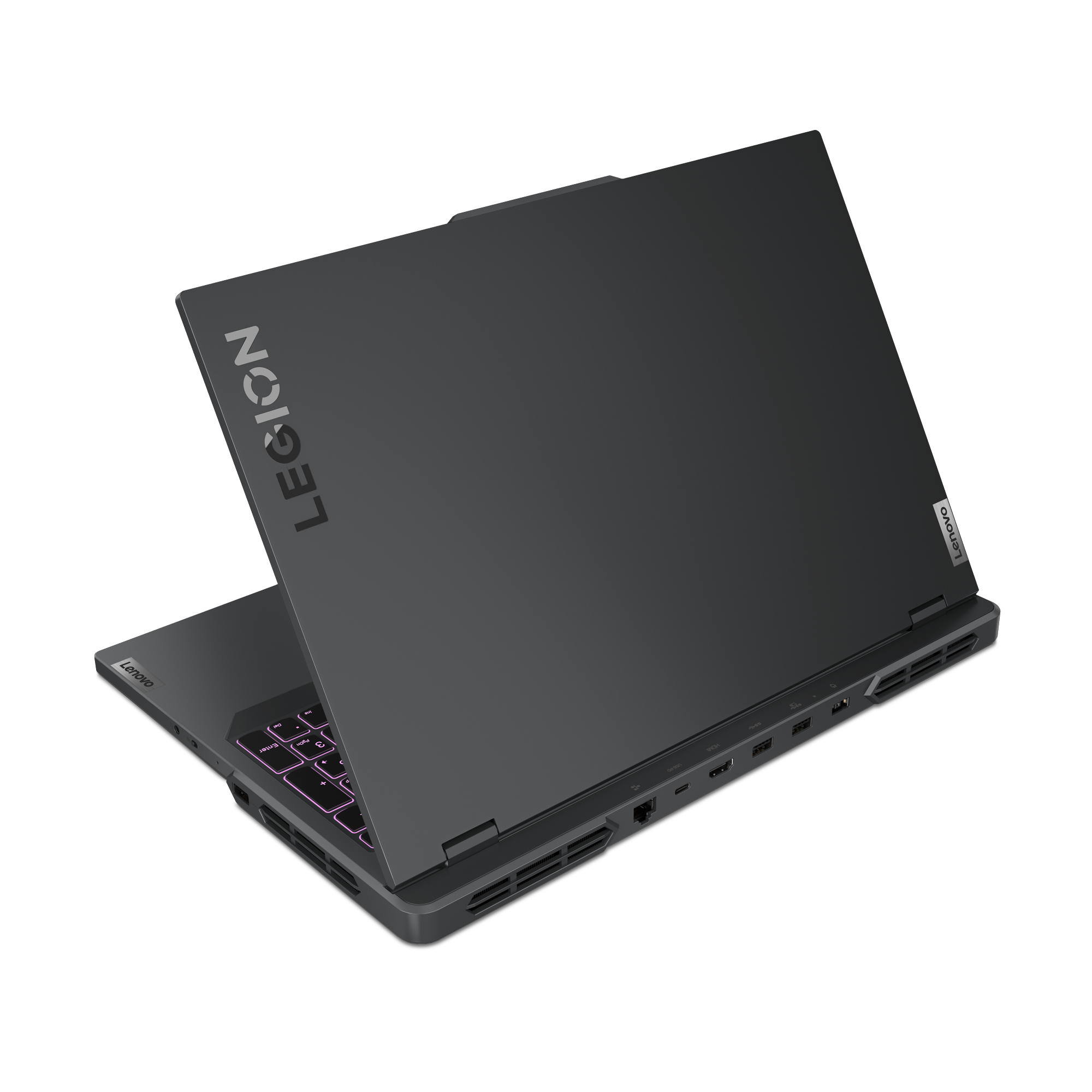 Schwarzer Lenovo Legion Laptop, schräge Ansicht, offen. Legion-Text sichtbar.