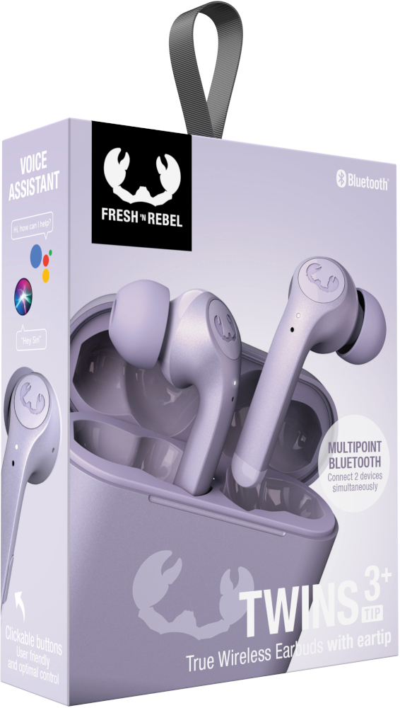 Een doosje Fresh 'n Rebel Twins 3+ oordopjes. De doos heeft een paarse kleur en de afbeelding heeft de oordopjes.