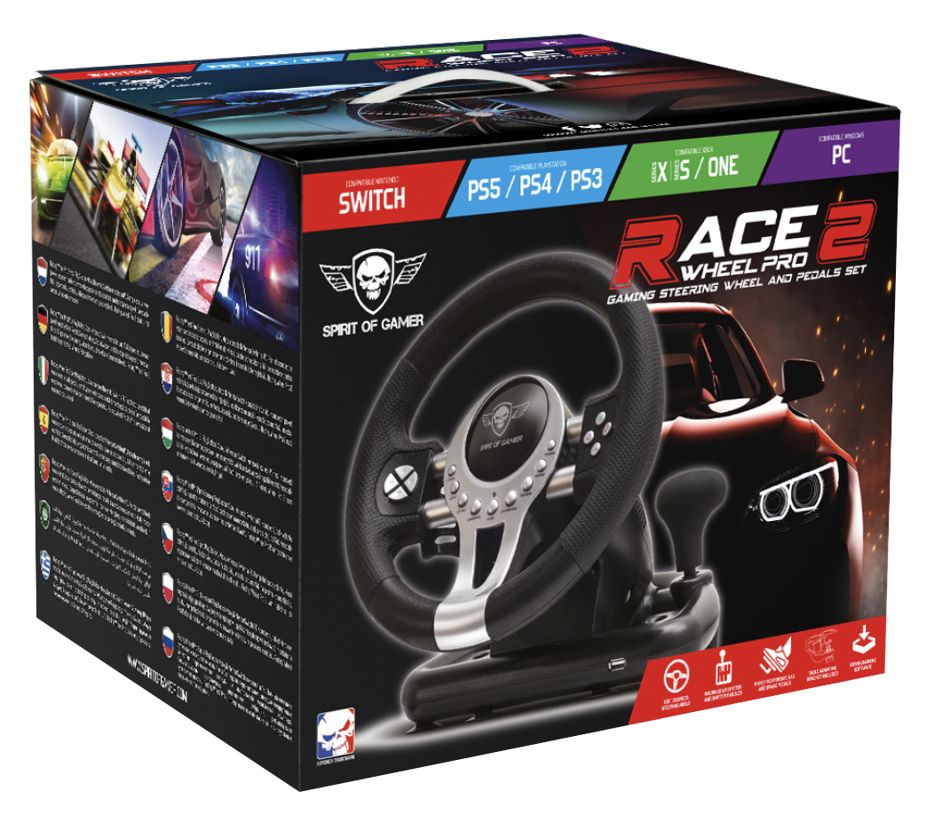 Egy játék kormánykerék doboza fekete autó képével. A dobozon a 'RACE 2 WHEEL PRO' és a 'SPIRIT OF GAMER' felirat látható.