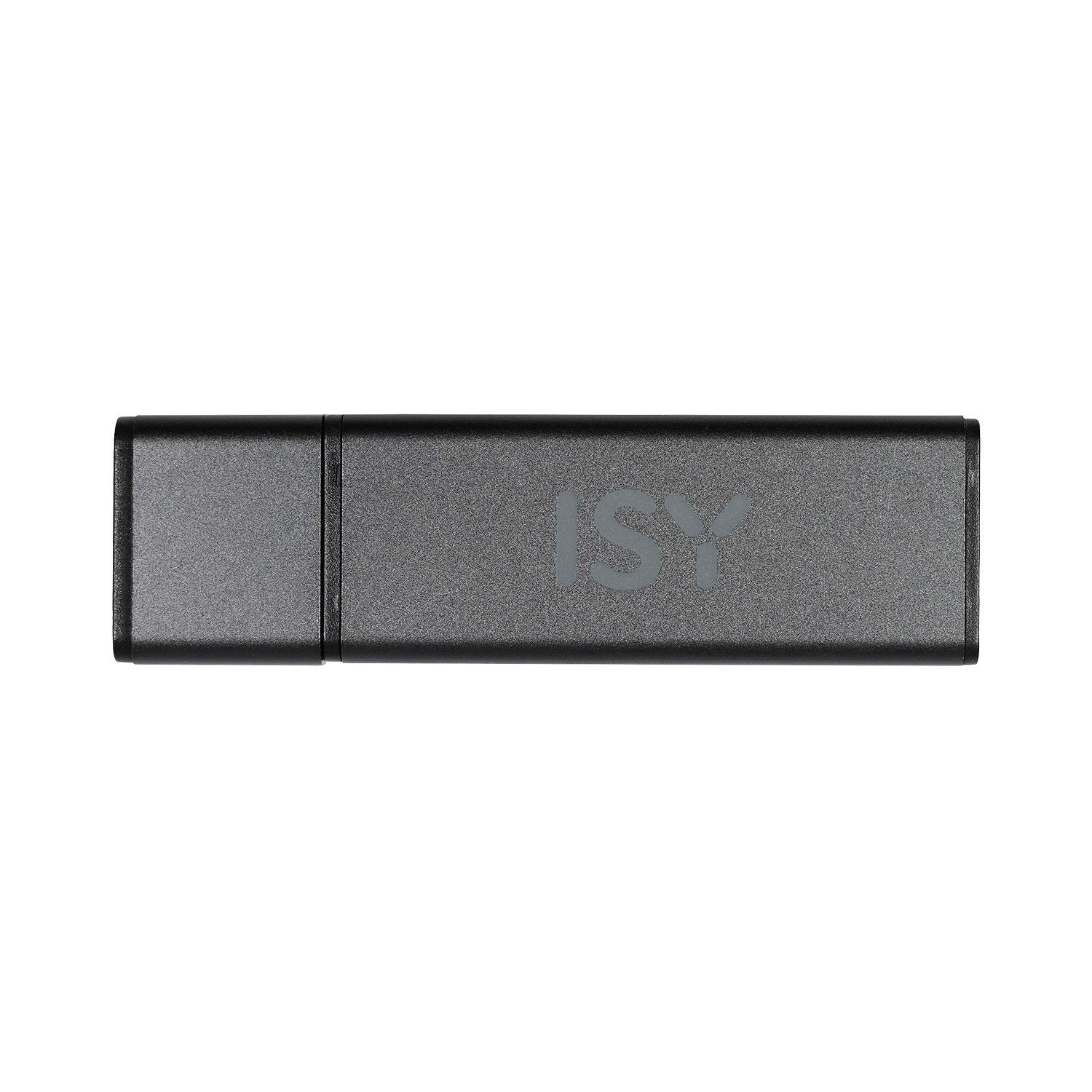 Ein grauer ISY USB-Stick, rechteckige Form.