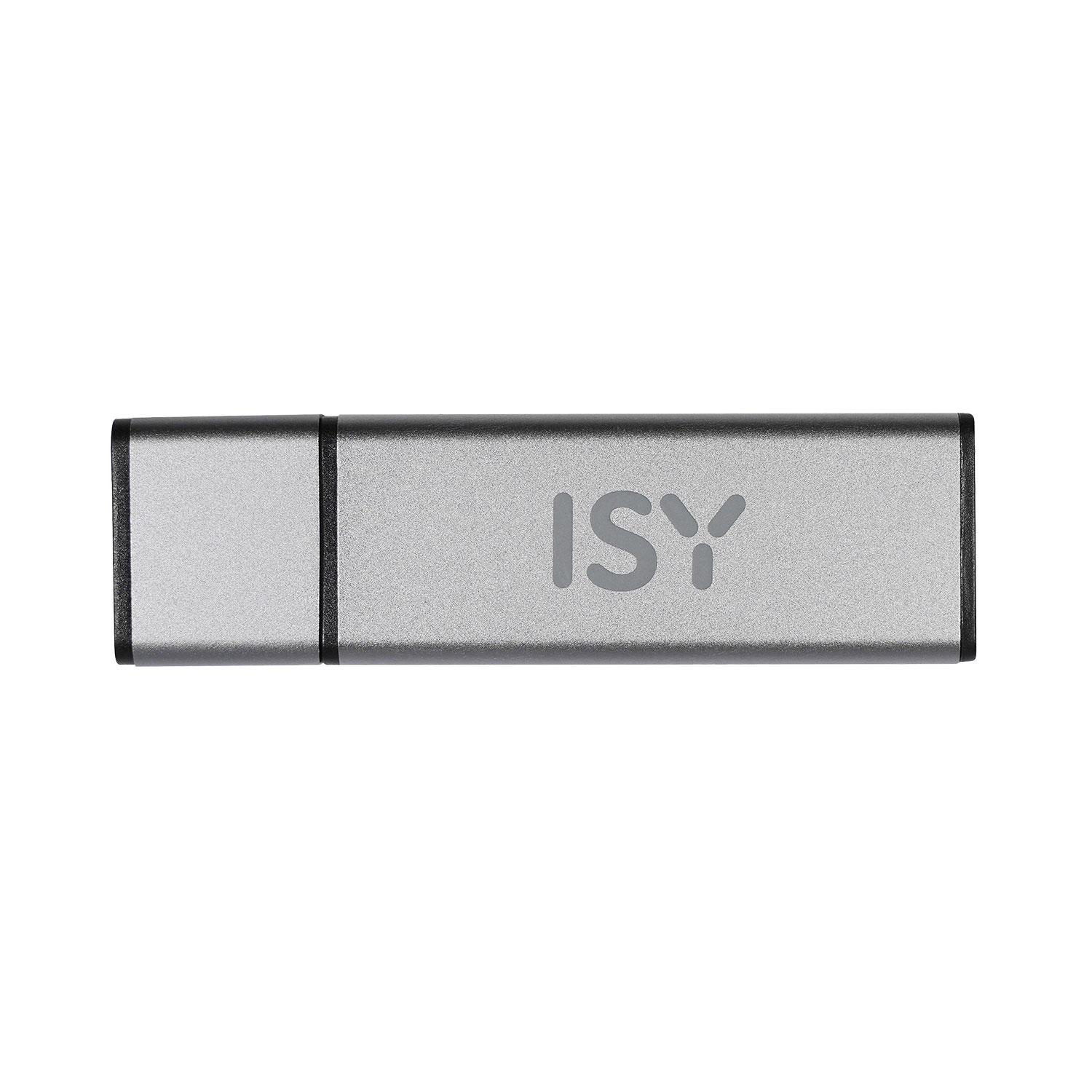 Silberner ISY USB-Stick, isoliert auf weißem Hintergrund. Der Markenname steht in der Mitte.