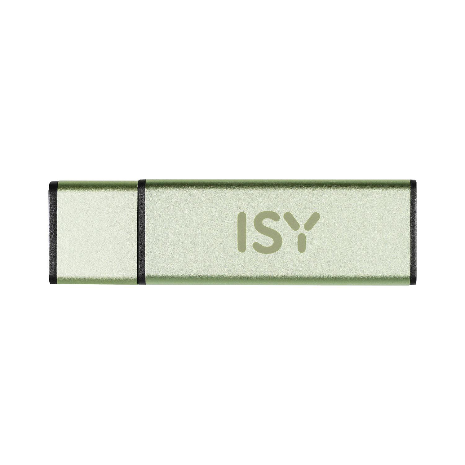 Grüner und silberner ISY USB-Stick, von oben auf weißer Oberfläche gesehen.