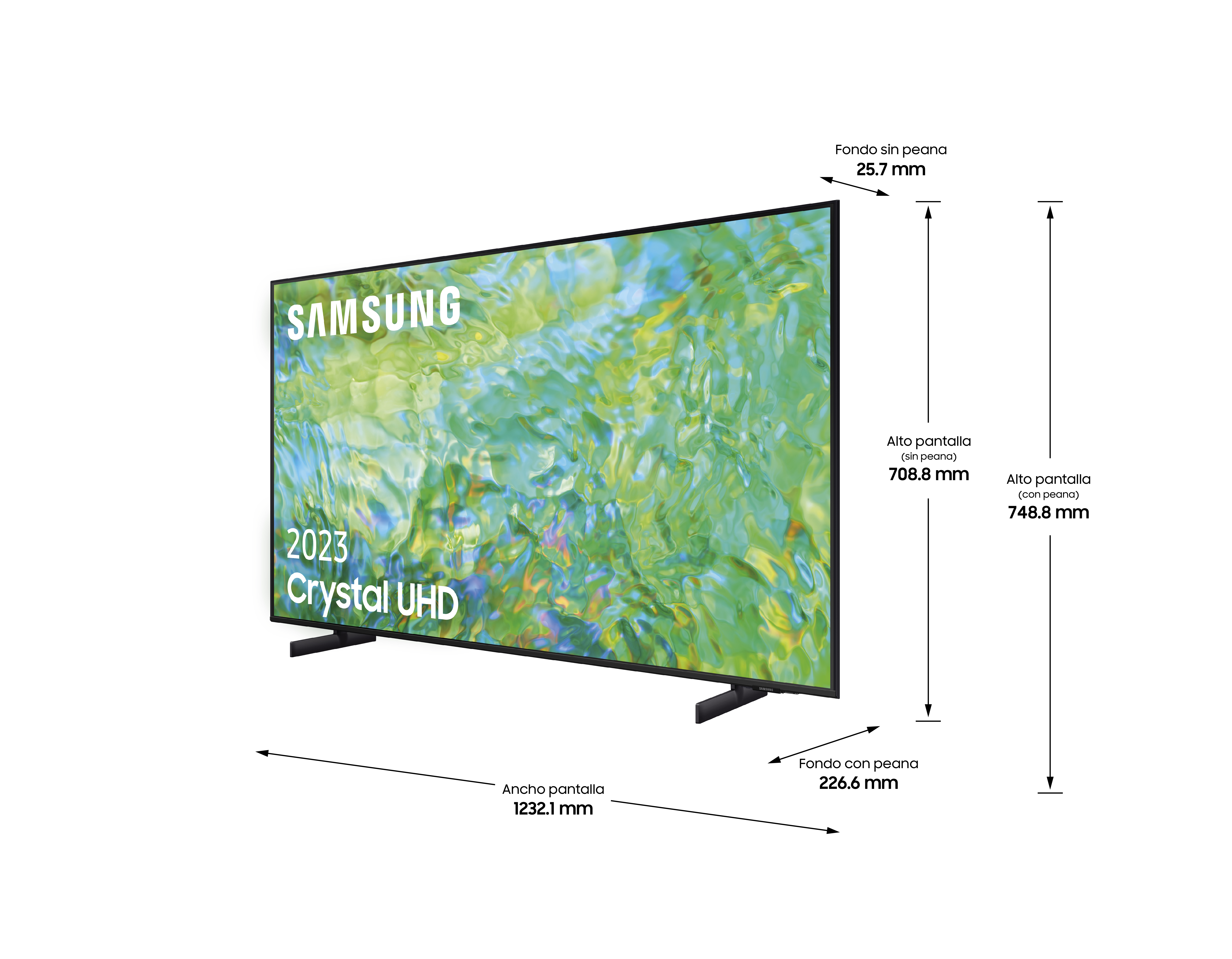 Samsung 2023 Crystal UHD TV, con dimensiones en mm. Vista frontal, ligeramente en ángulo.