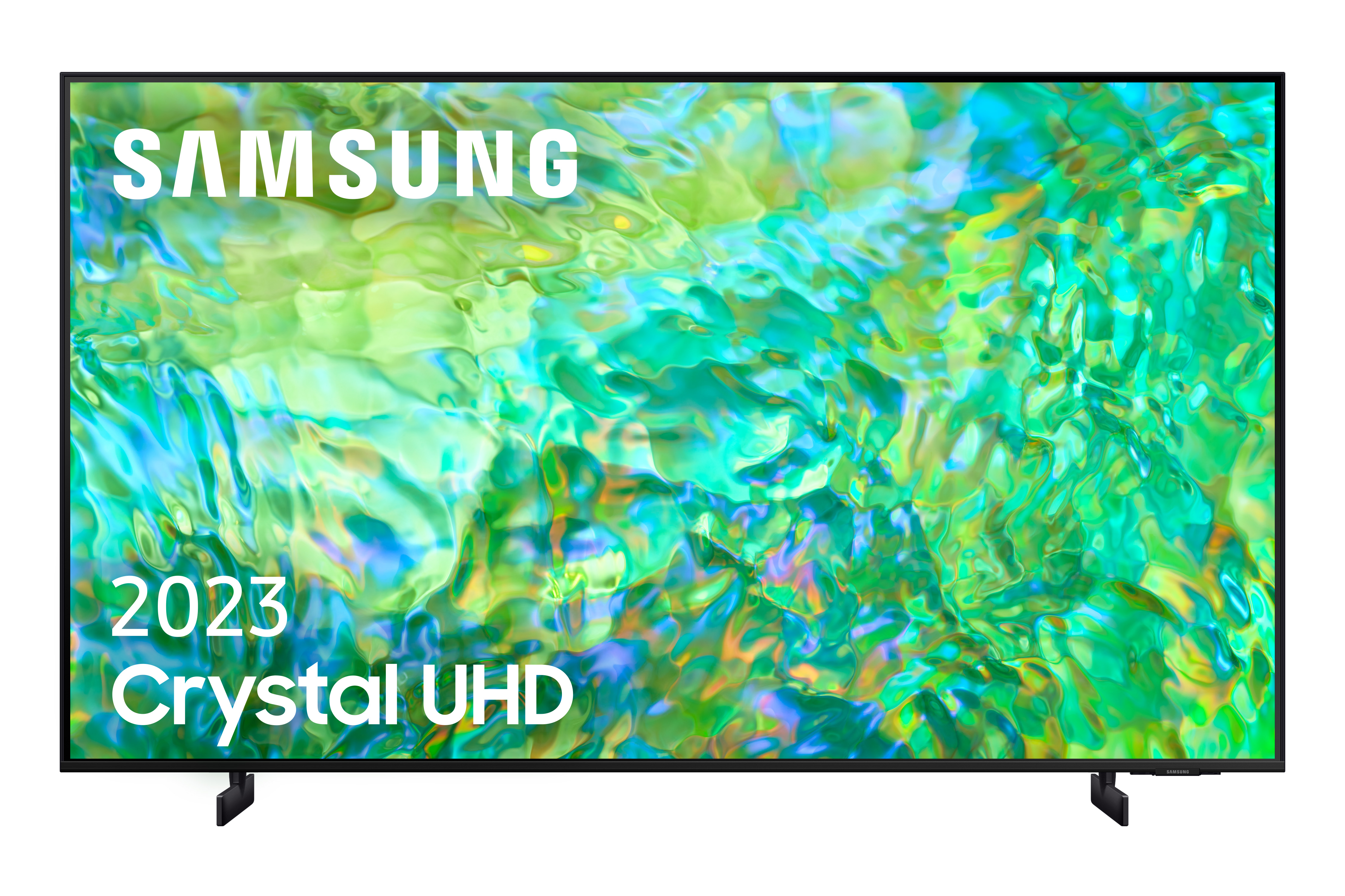 Un televisor Samsung 2023 Crystal UHD que muestra una escena vibrante y acuosa.