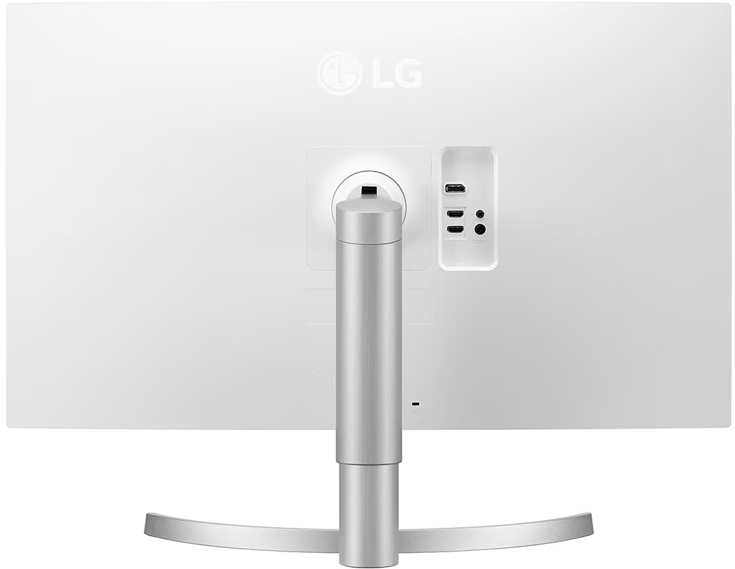 Vue arrière d'un moniteur LG blanc. Il montre le pied, les ports et le logo LG. Support argenté. Divers ports de connectivité sont visibles.