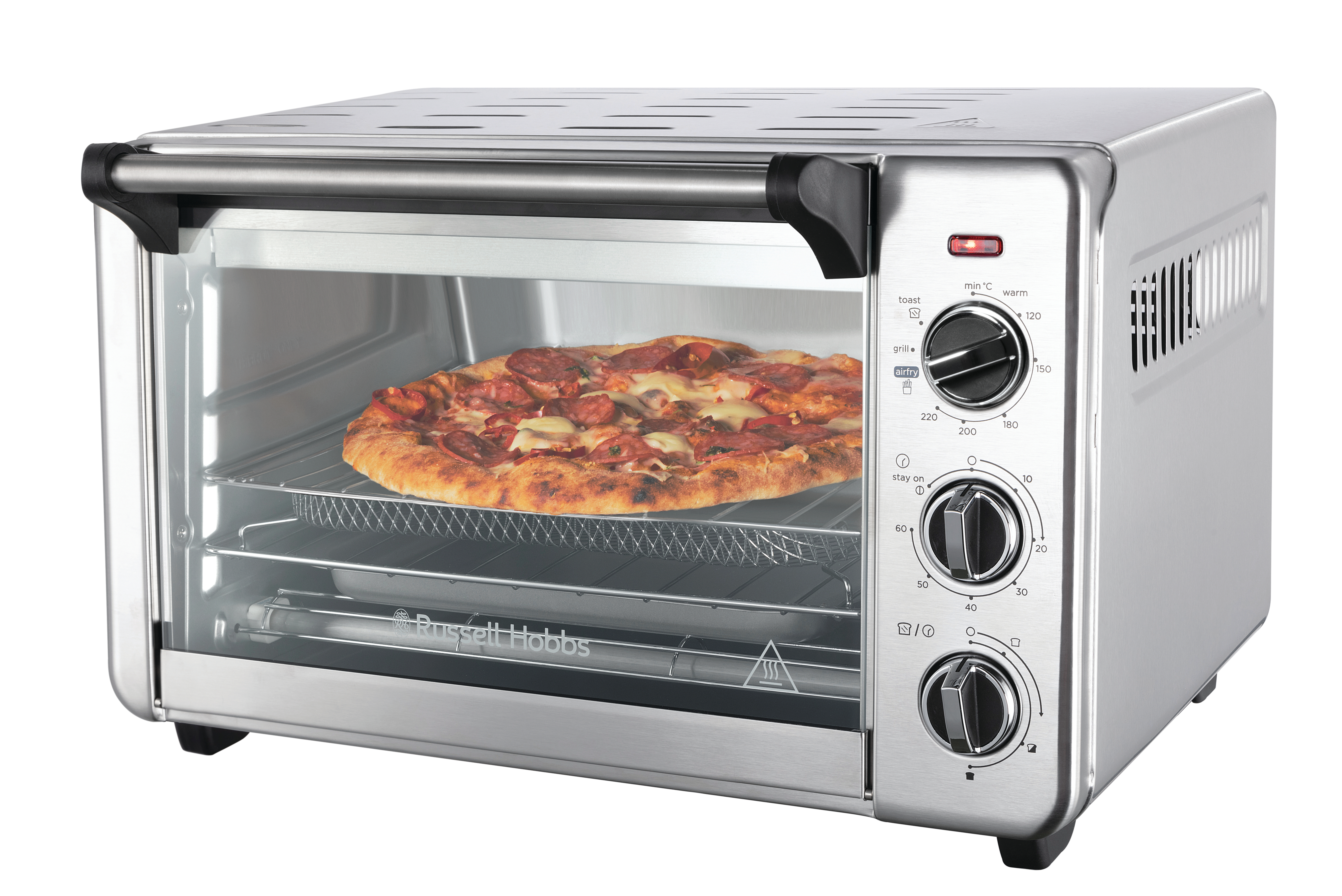Silberner Toaster-Ofen mit Pizza. Bedienelemente sind sichtbar. Die Pizza liegt auf einem Rost.