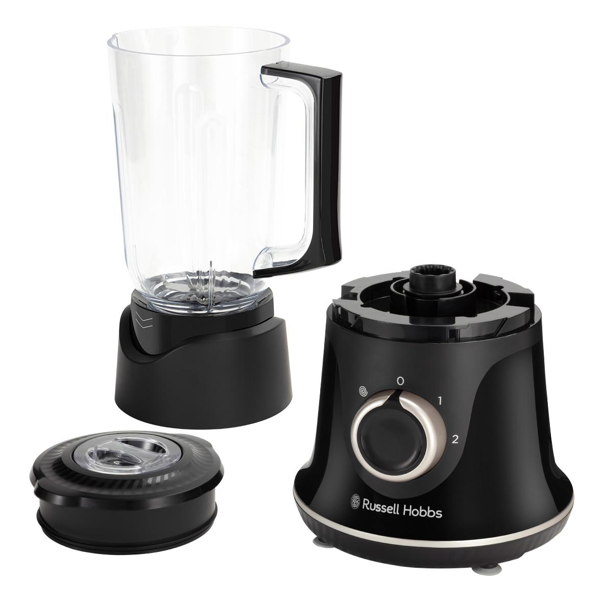 Ein schwarzer Russell Hobbs Blender, zerlegt. Basis, Krug und Deckelkomponenten sind sichtbar.