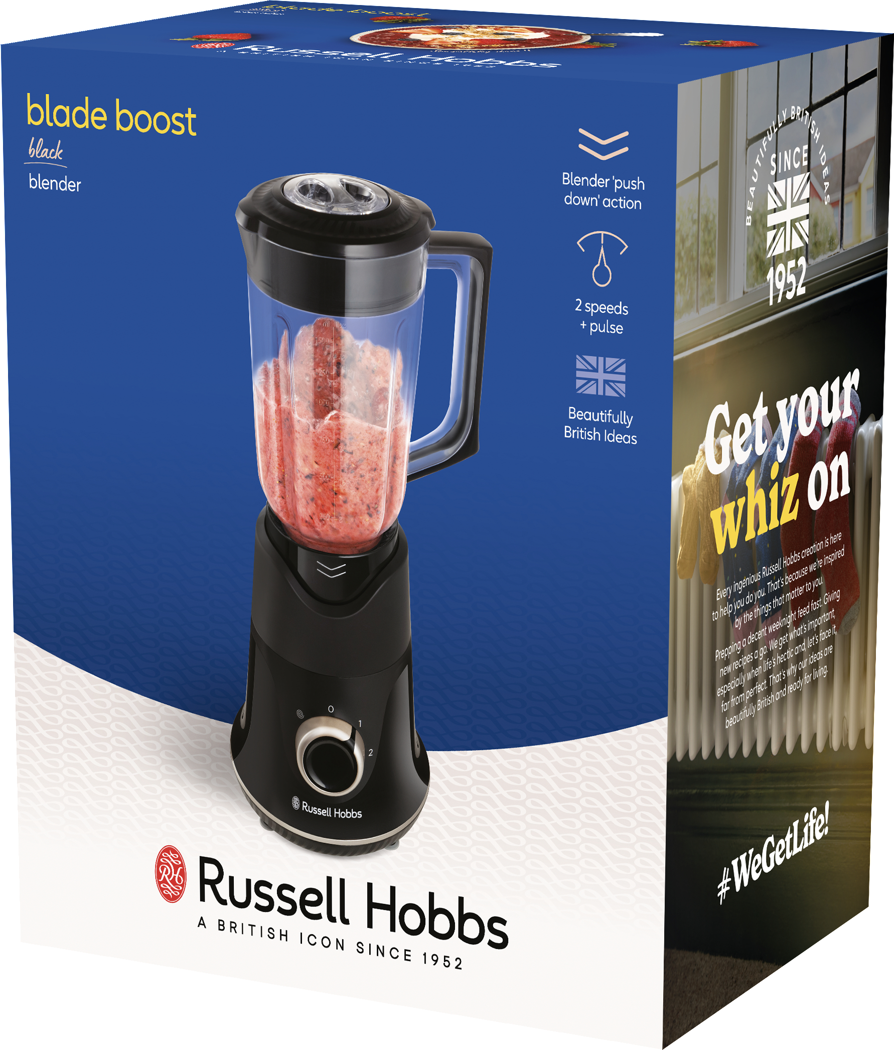 Schwarzer Mixer mit durchsichtigem Behälter mit roter Flüssigkeit, auf einer Box.