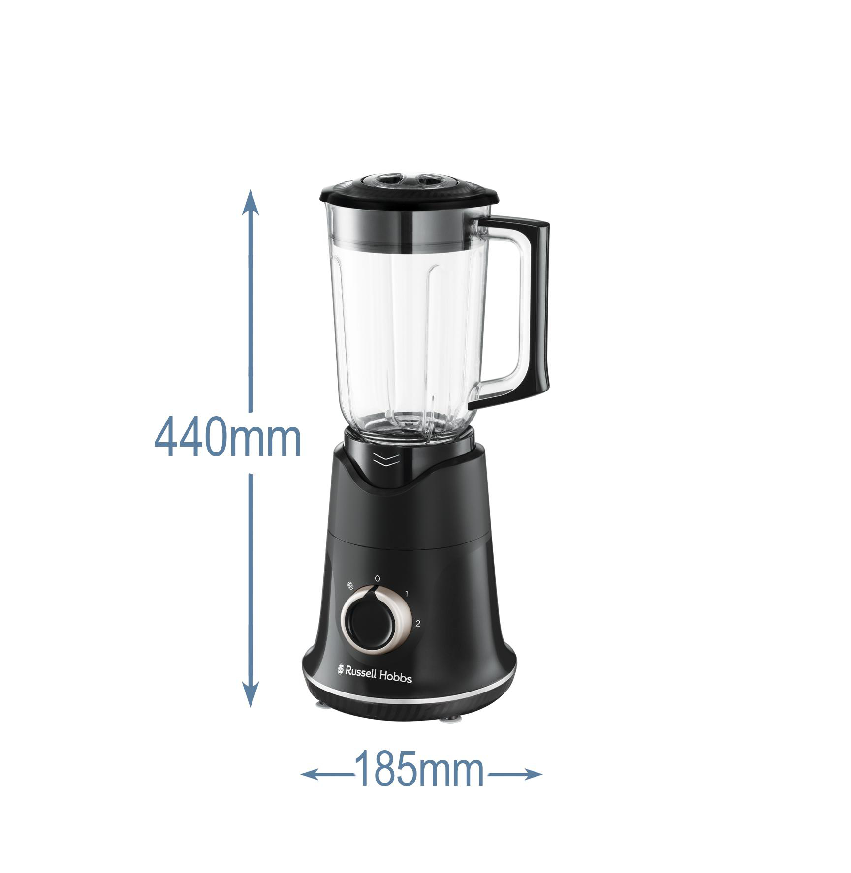 Ein schwarzer Mixer mit Maßen. Er ist 440mm hoch und 185mm breit.