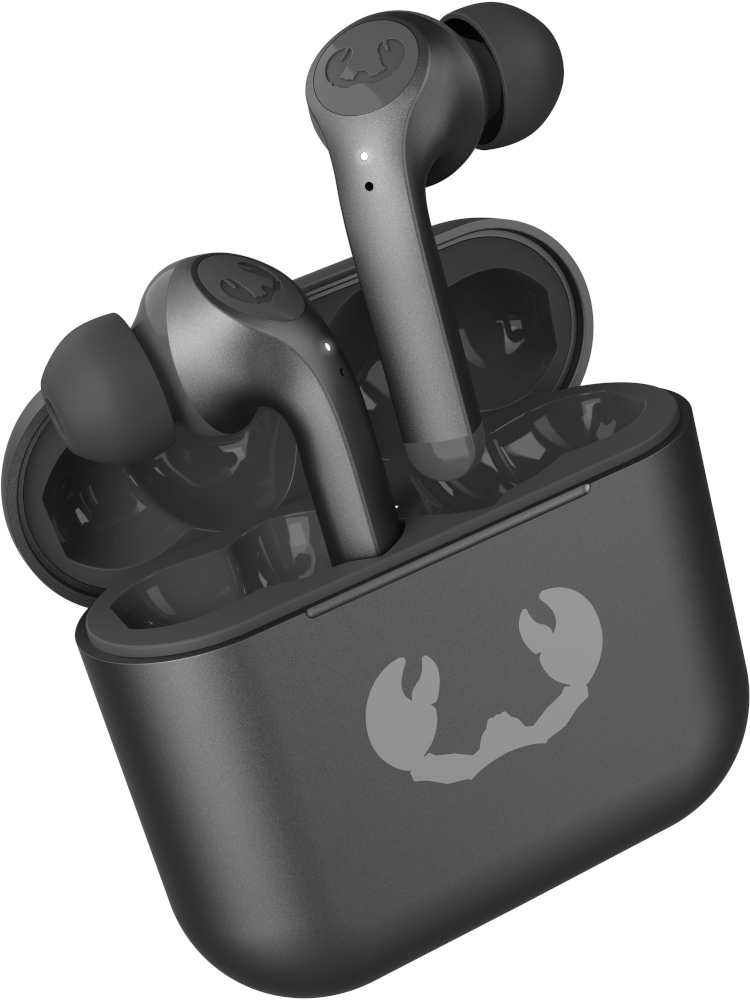 Black wireless earbuds with charging case, brand logo on the case.