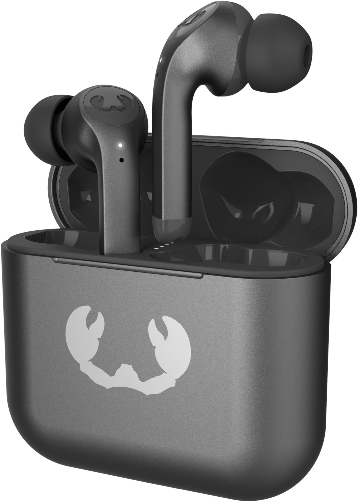 A charging case and earbuds. The case is dark gray with a white crab logo.