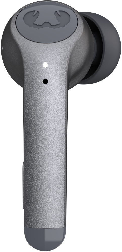 Single gray earbud, angled, on a white background.
