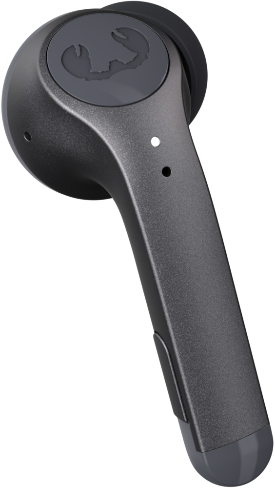 Gray earbud with a logo. It's a close-up against a white background.