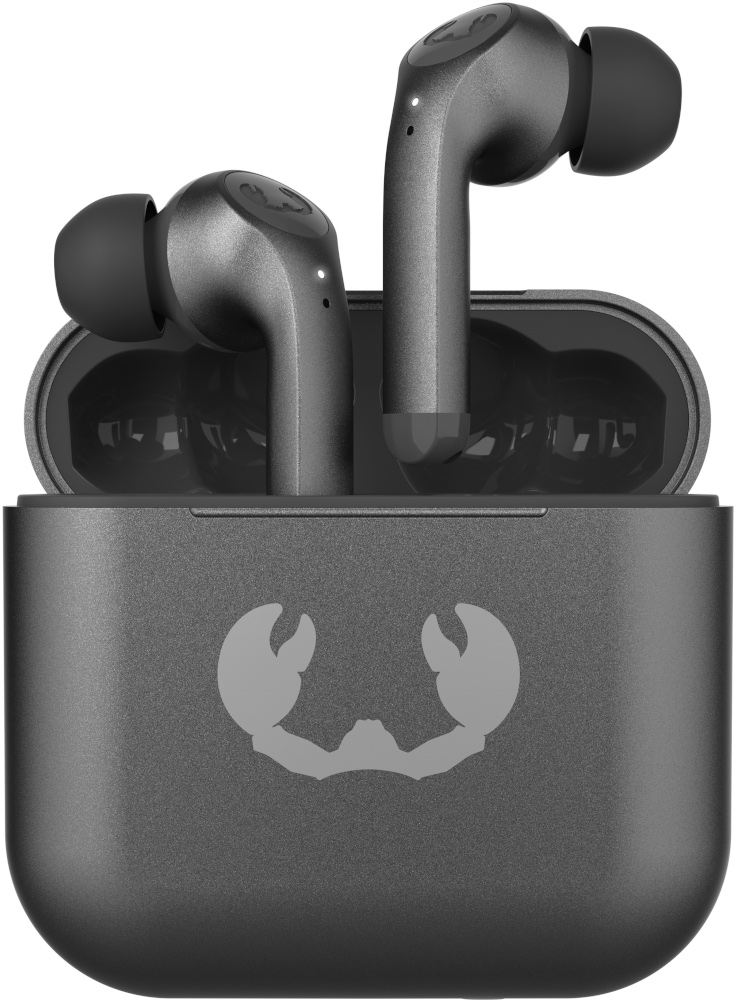 Earbuds in a charging case, matte dark gray color, with the brand's logo on the case.