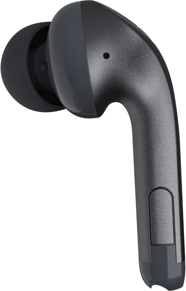 Dark gray earbud, close-up. The earbud has a curved design.