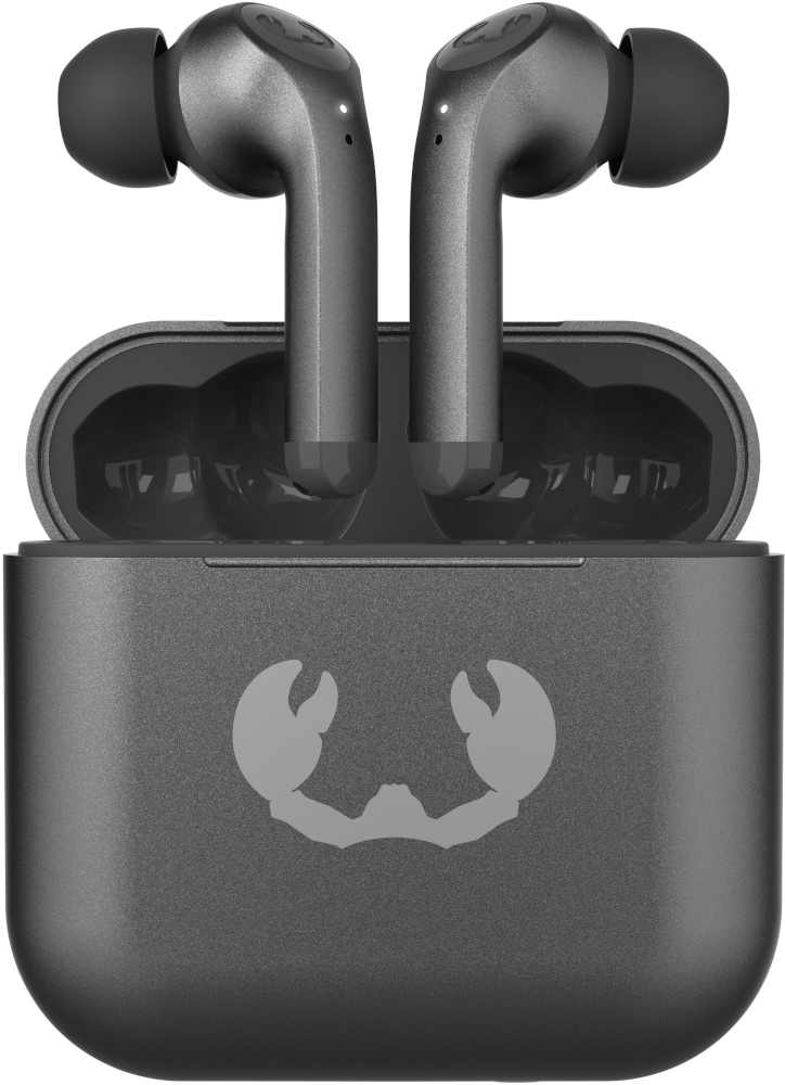 Dark grey earbuds inside their charging case.