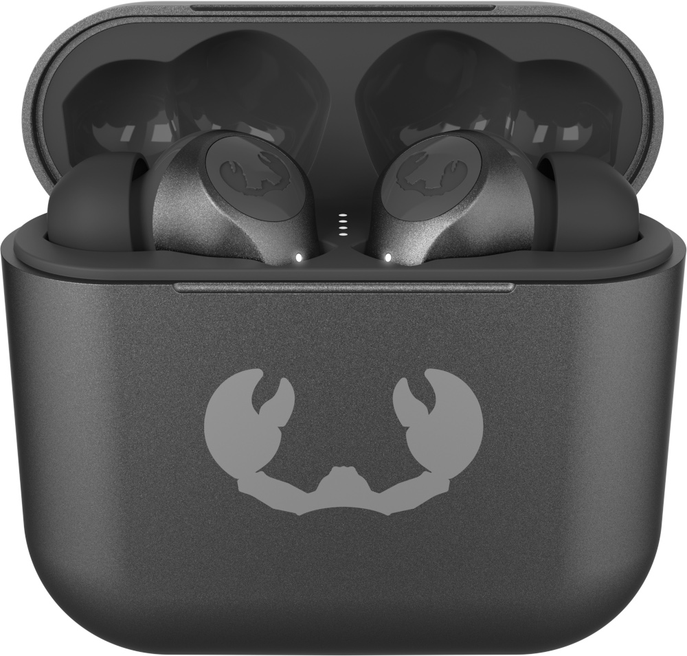 Earbuds in a charging case, with the brand logo visible.