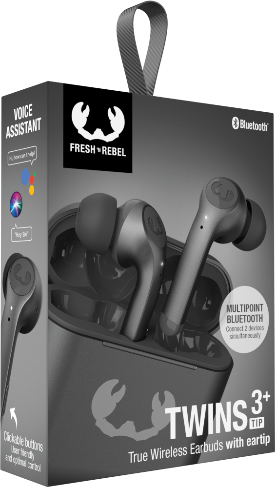 Earbuds box with earbuds and charging case. Black case, grey box. Text on the box.