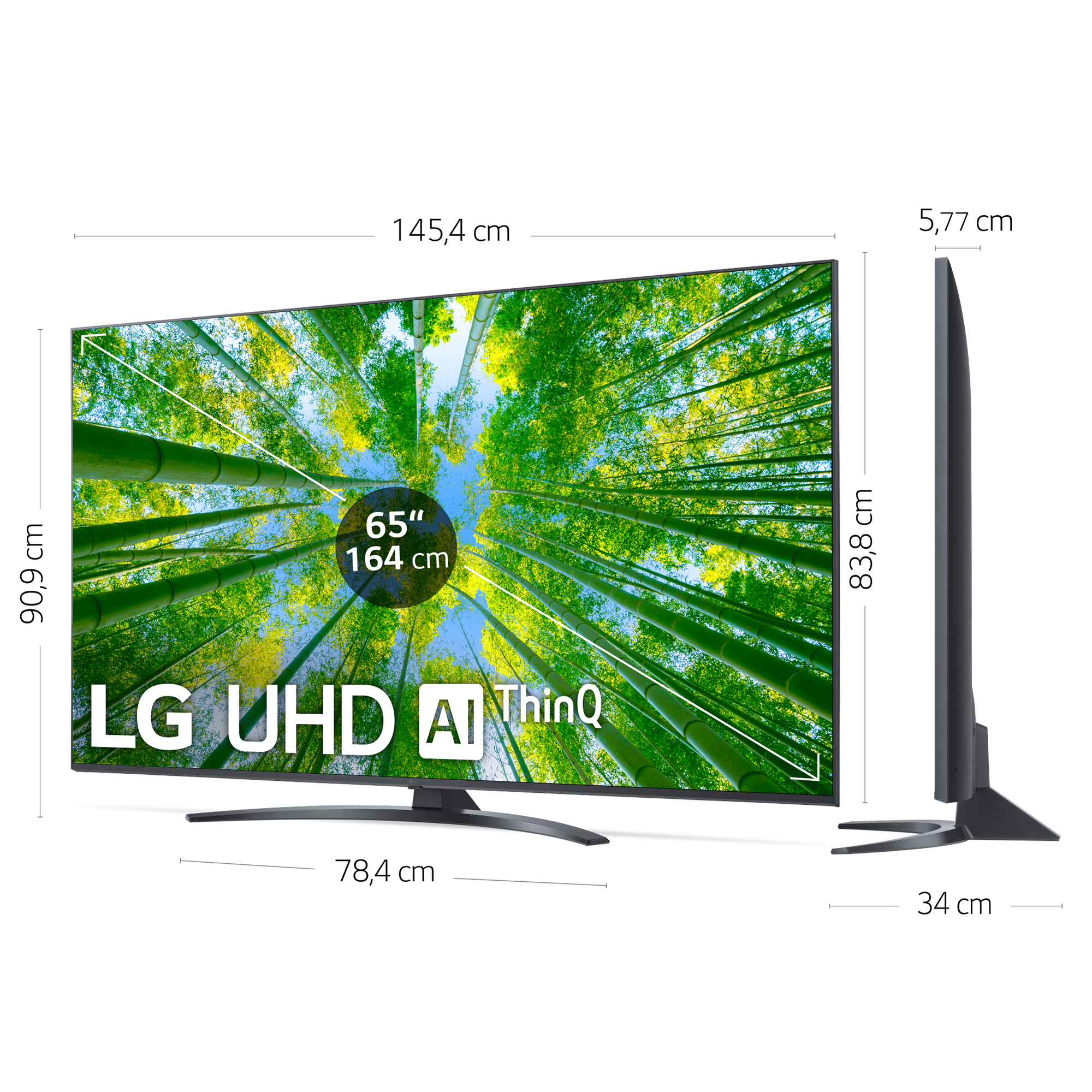 Televisor LG UHD AI ThinQ de 65 pulgadas sobre fondo blanco, con detalles de tamaño y dimensiones.