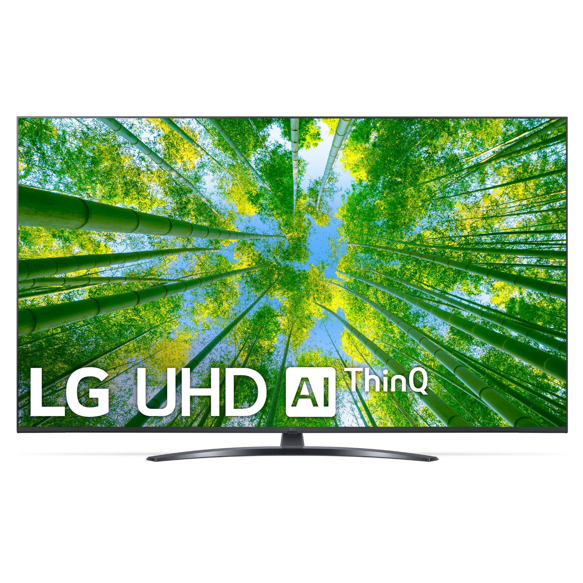 TV LG UHD con vista de un bosque de bambú, cielo visible. El televisor está sobre un soporte oscuro.