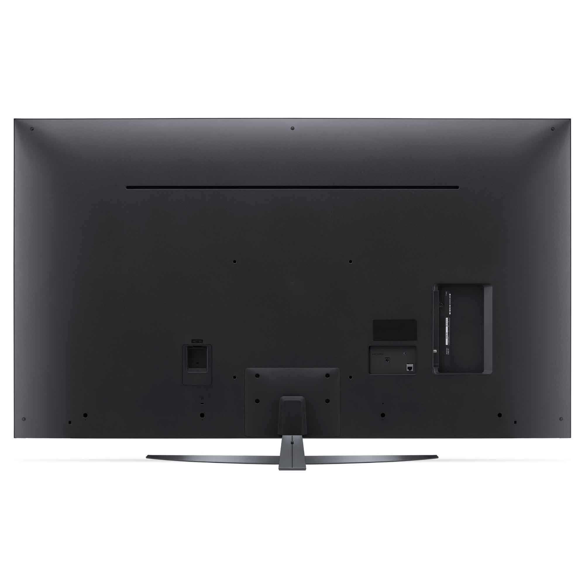 La parte trasera de un televisor negro con puertos y un soporte, mostrando su diseño.