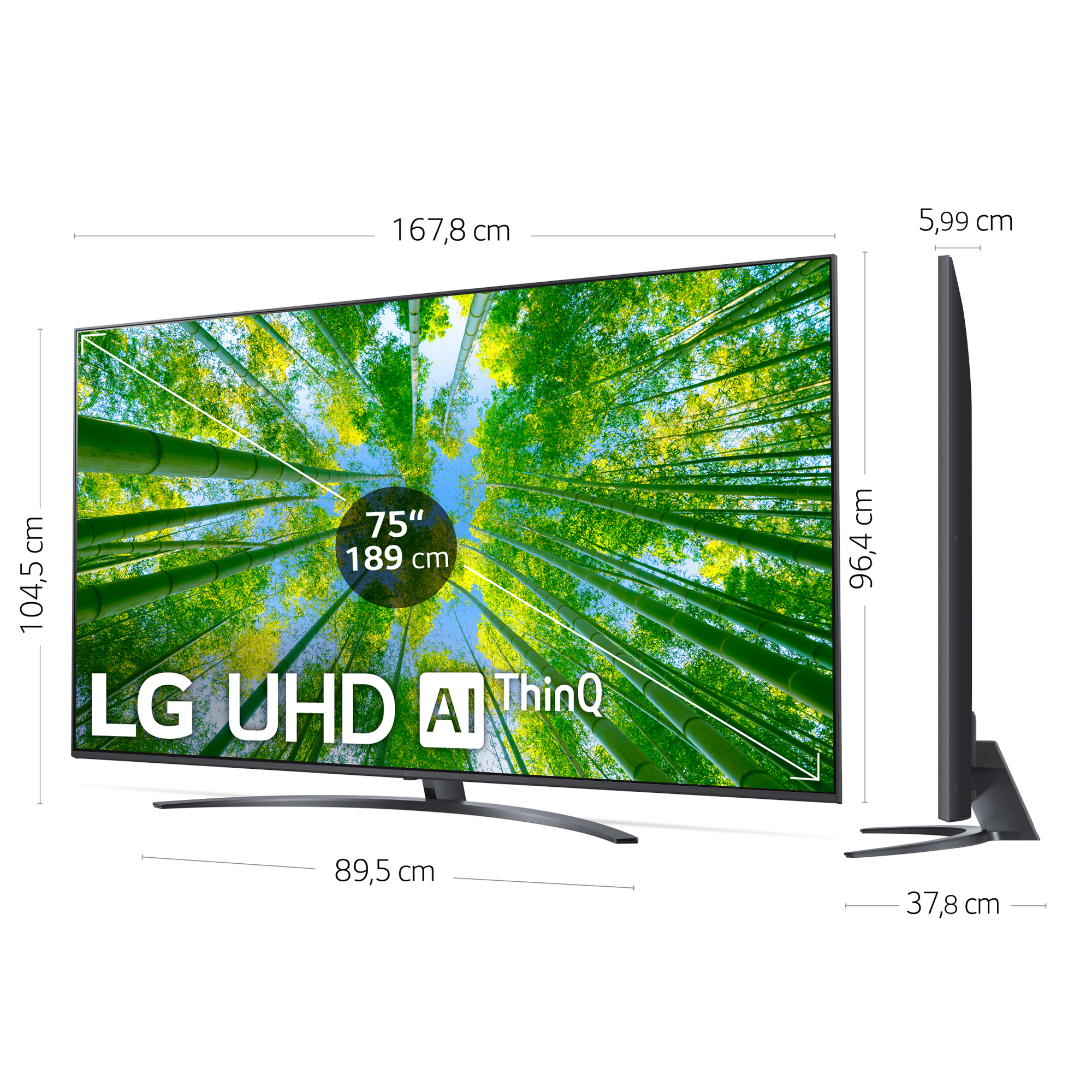 Un televisor LG UHD AI ThinQ grande, con dimensiones mostradas. Muestra una escena de bosque de bambú.