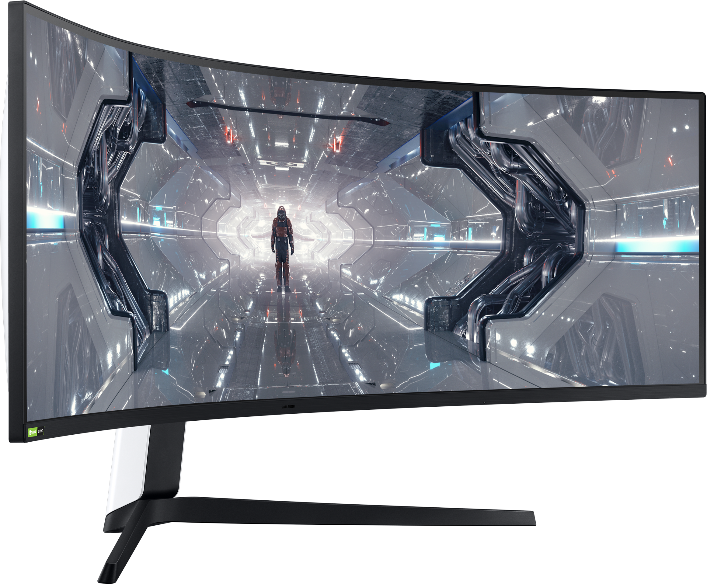 Un moniteur de jeu Samsung incurvé avec une scène de science-fiction futuriste affichée à l'écran.