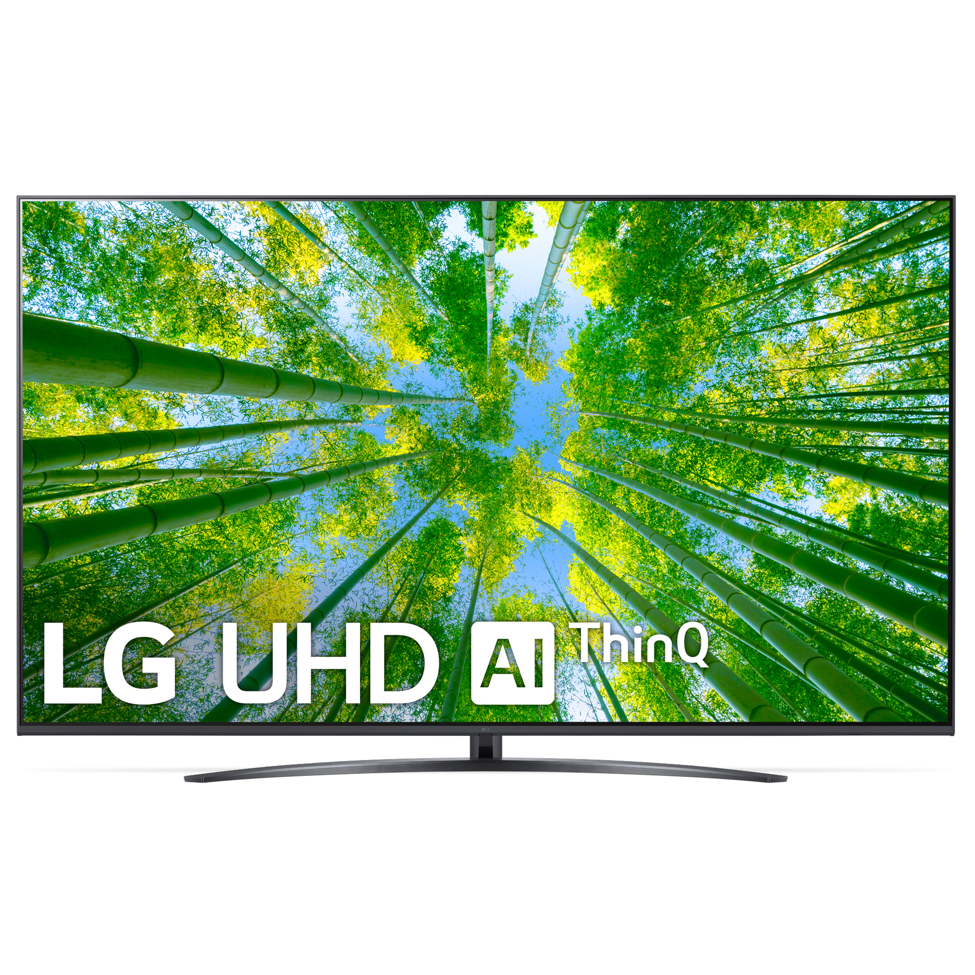 Televisor LG UHD AI ThinQ grande, mostrando una escena de bosque de bambú en verde y amarillo.