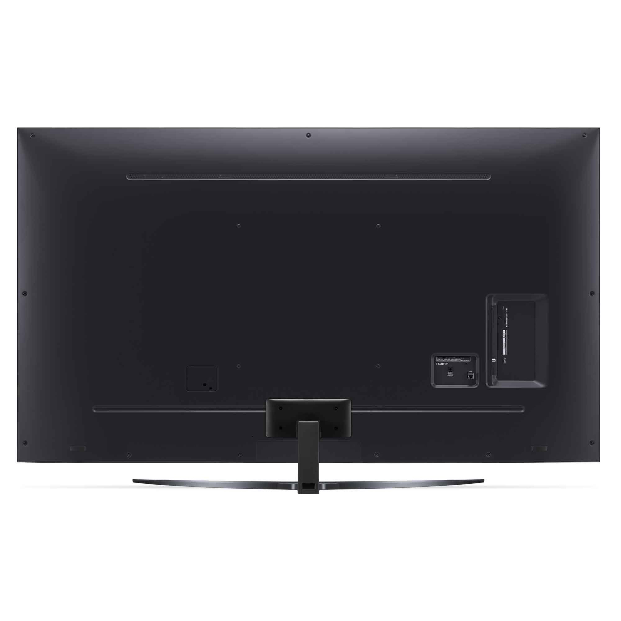 Vista trasera de un televisor negro grande con soporte y varios puertos visibles.