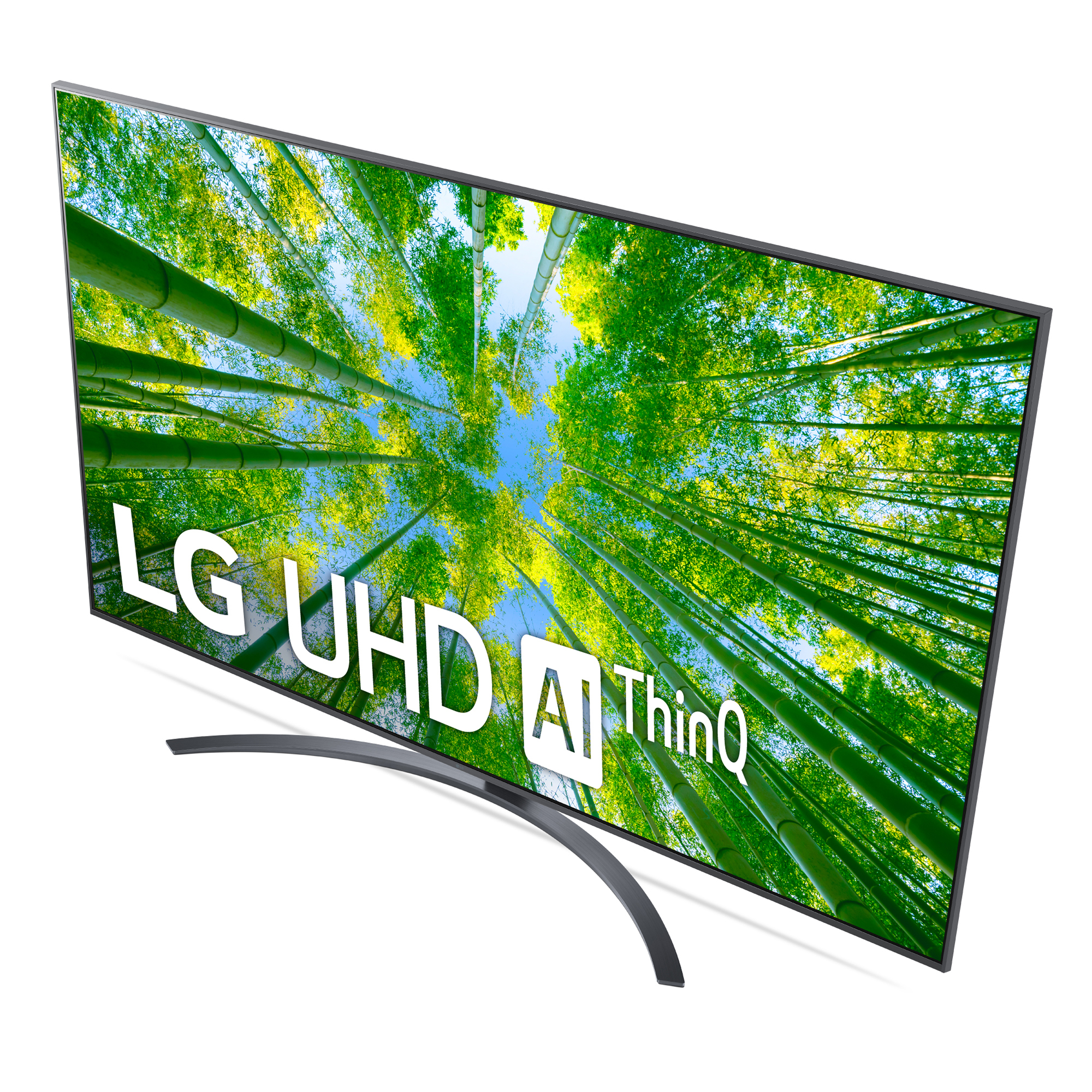 Un televisor LG UHD AI ThinQ curvo con una escena de bosque verde vibrante en la pantalla.