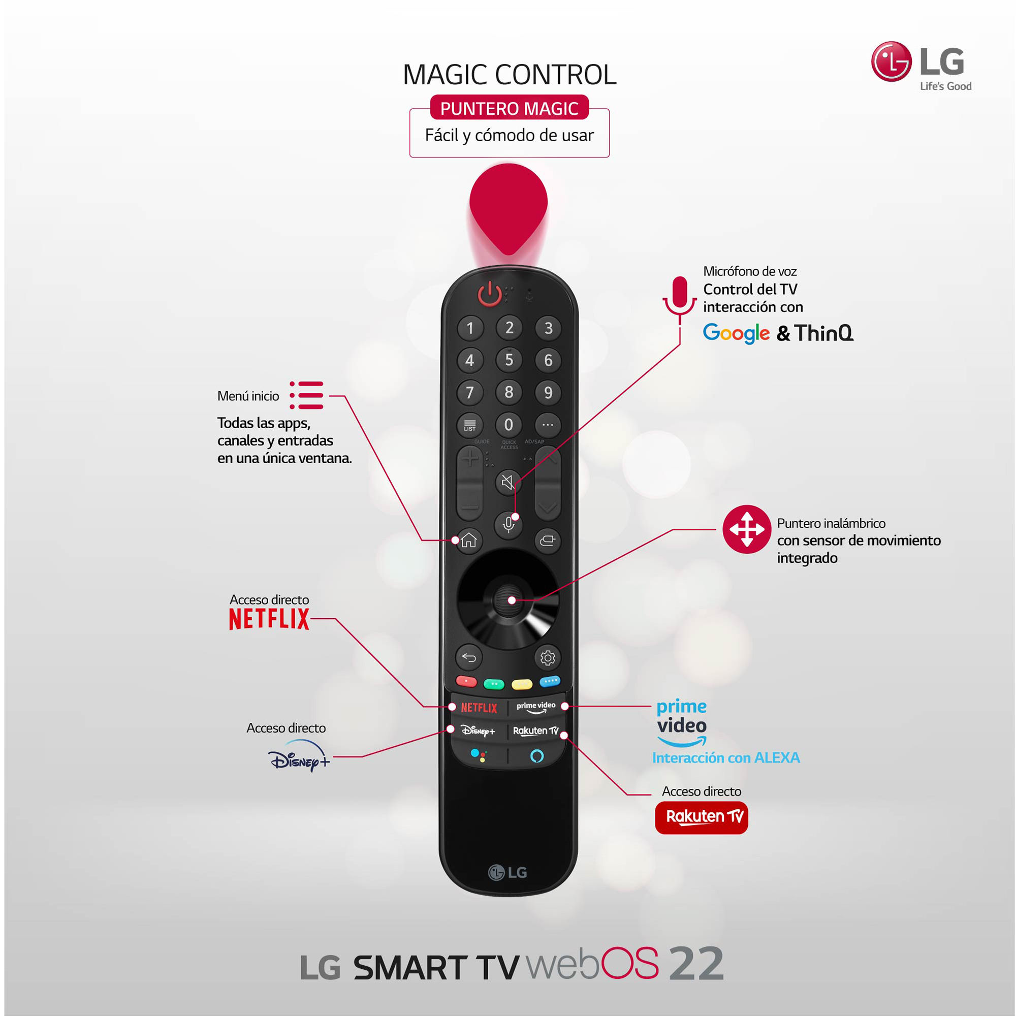 Mando a distancia LG negro con muchos botones y una flecha roja. Etiquetado como 'LG SMART TV webOS 22'.