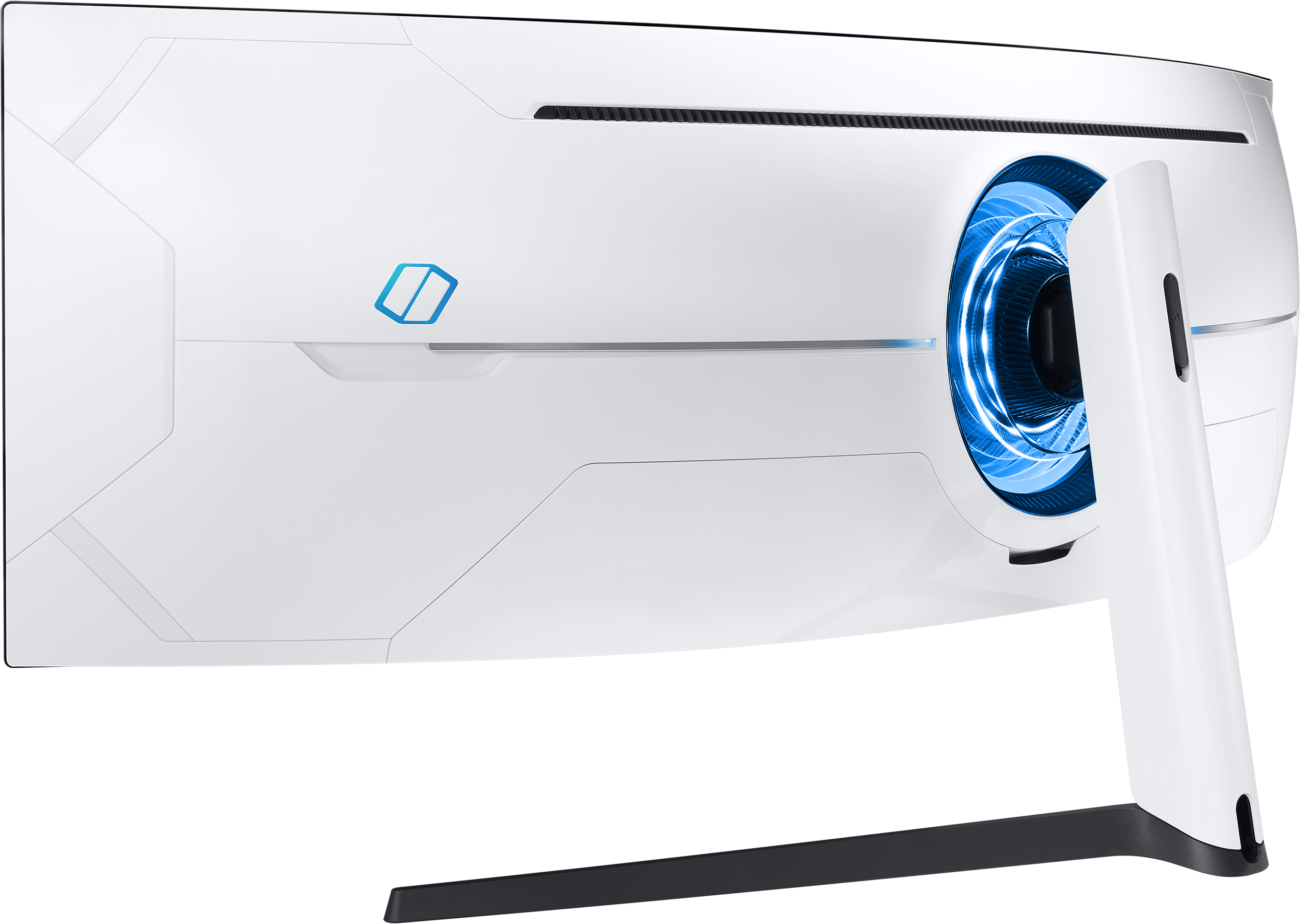 Vue arrière d'un moniteur blanc incurvé avec un anneau bleu brillant autour d'une ventilation.