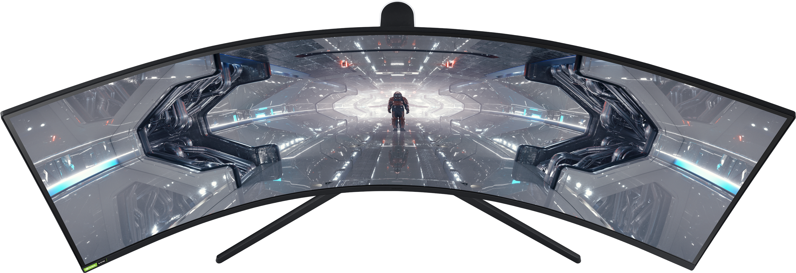 L'écran incurvé affiche une scène futuriste : astronaute dans un couloir avec des structures métalliques. Tons gris, rouges et bleus.