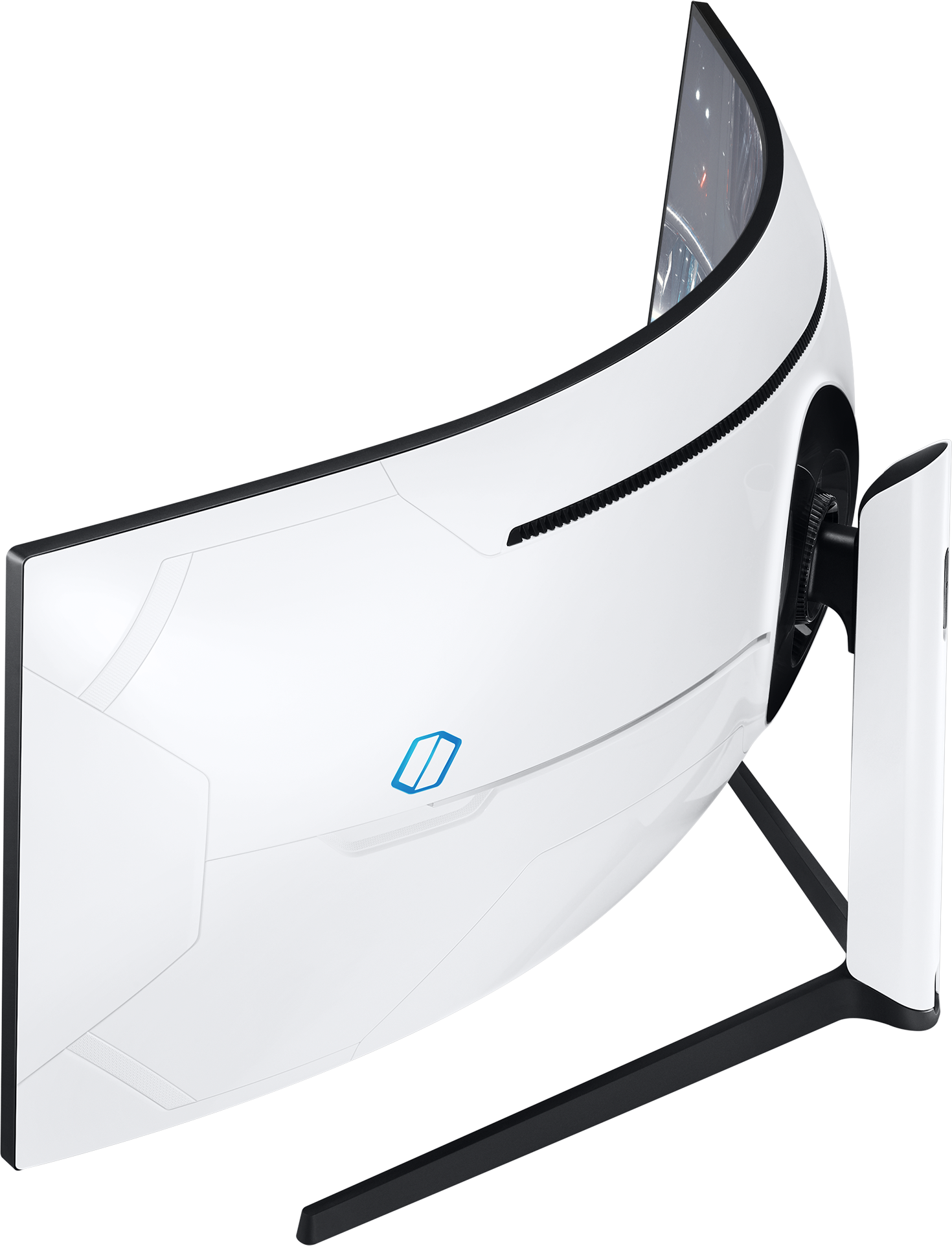 Vue arrière d'un moniteur blanc incurvé. Support et accents noirs. Logo bleu.