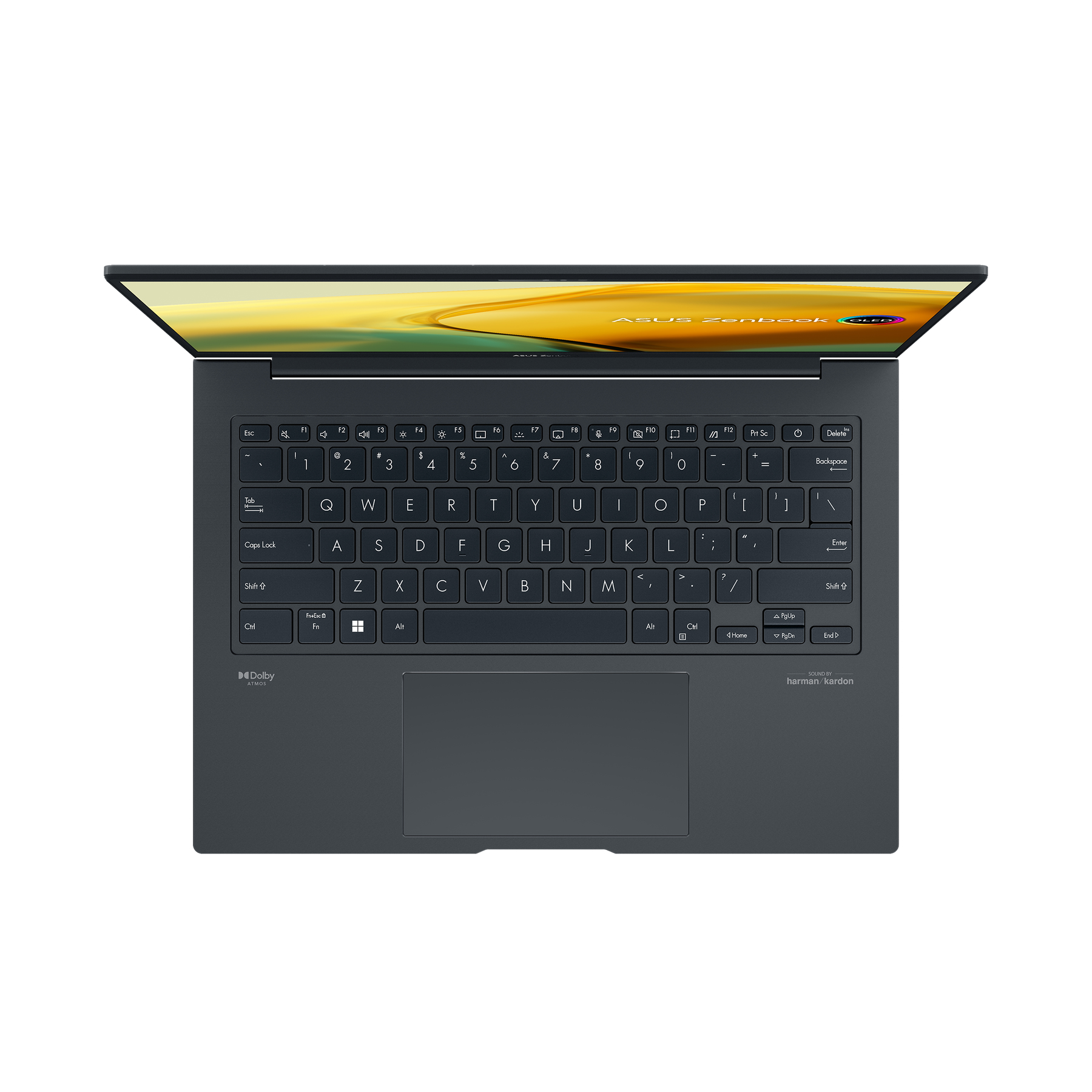 Ein Laptop mit geöffnetem Bildschirm, der ein Landschaftsbild anzeigt, und die Tastatur sichtbar.