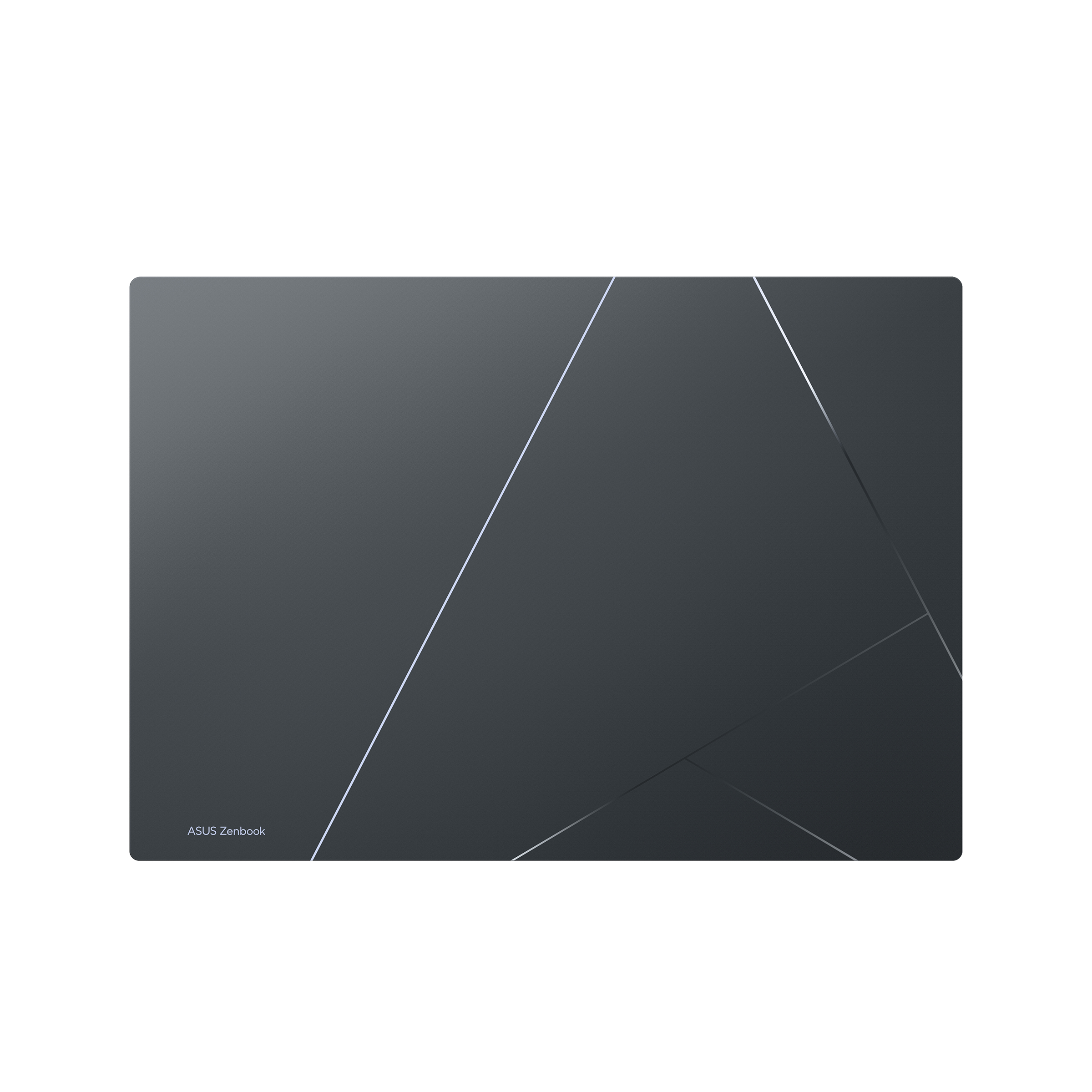 Ein ASUS Zenbook Laptop. Der Deckel ist grau mit weißen Linien und das Logo unten.
