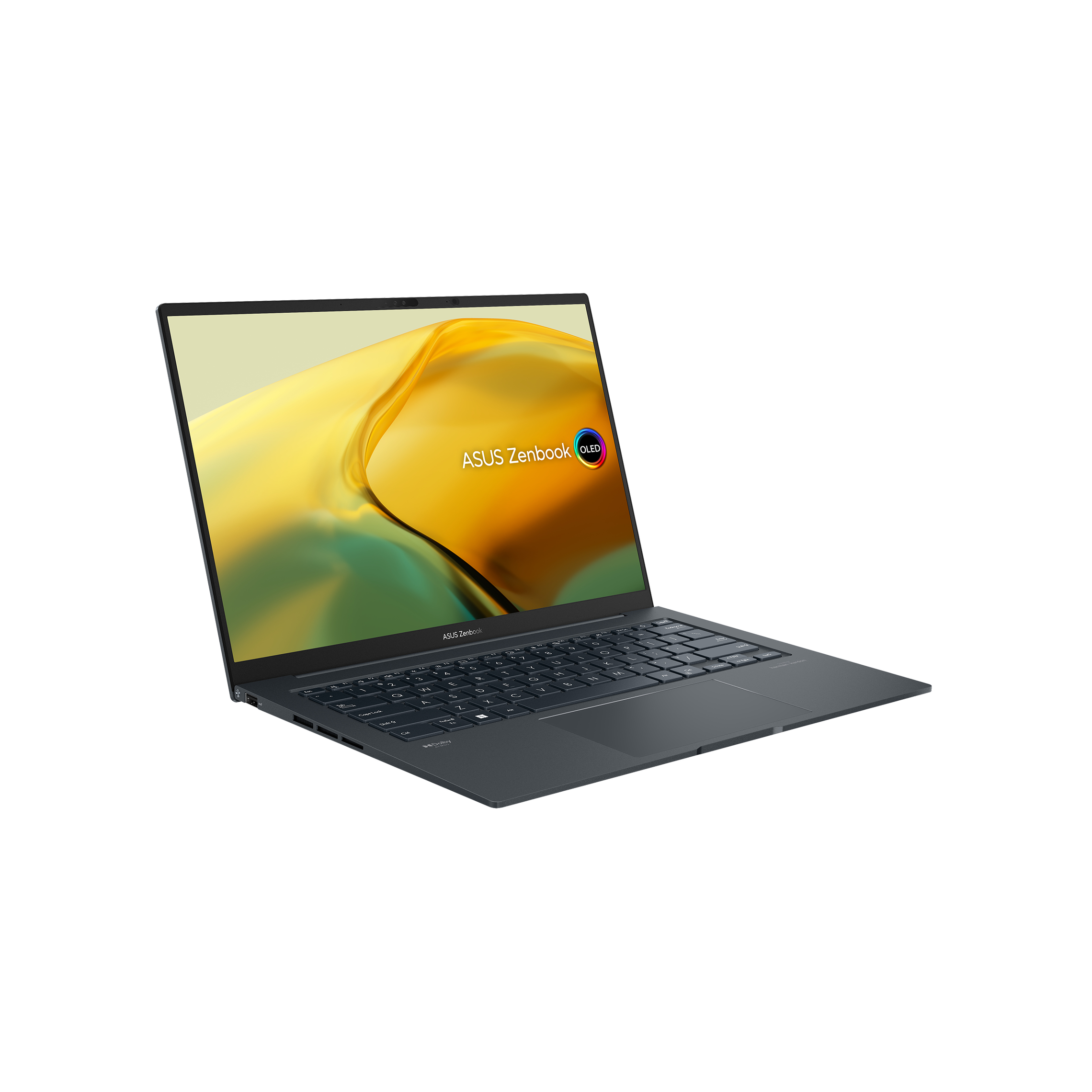 Laptop in Gebrauch, offen, mit Bildschirm, auf weißem Hintergrund.