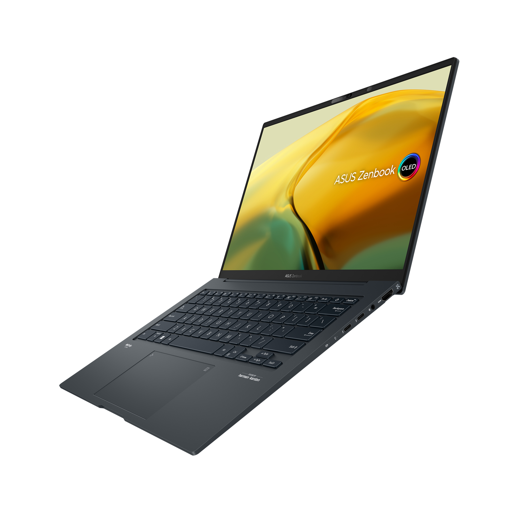 Ein offenes Laptop mit dunkelblauem Gehäuse und hellem Bildschirm, auf dem das ASUS Zenbook-Logo angezeigt wird.