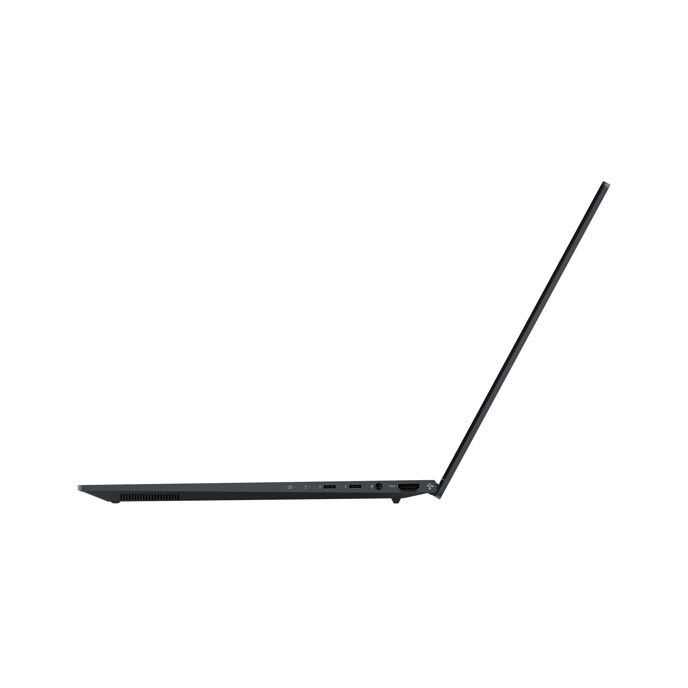 Seitenansicht eines Laptops mit dunklem Bildschirm und mehreren Anschlüssen, vor weißem Hintergrund.