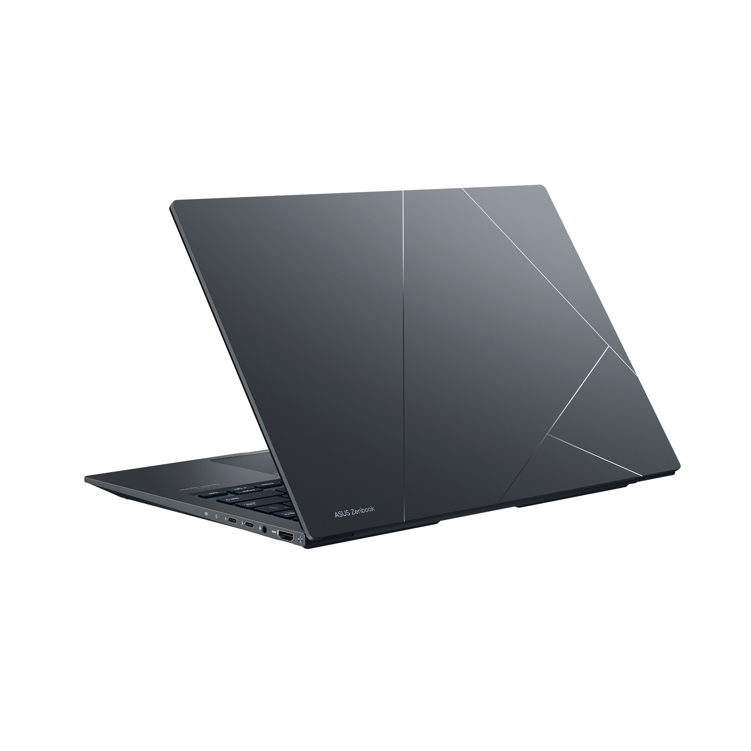 Dunkelgrauer Laptop von hinten. Display geschlossen. ASUS Zenbook Logo sichtbar. Abgewinkeltes Design.