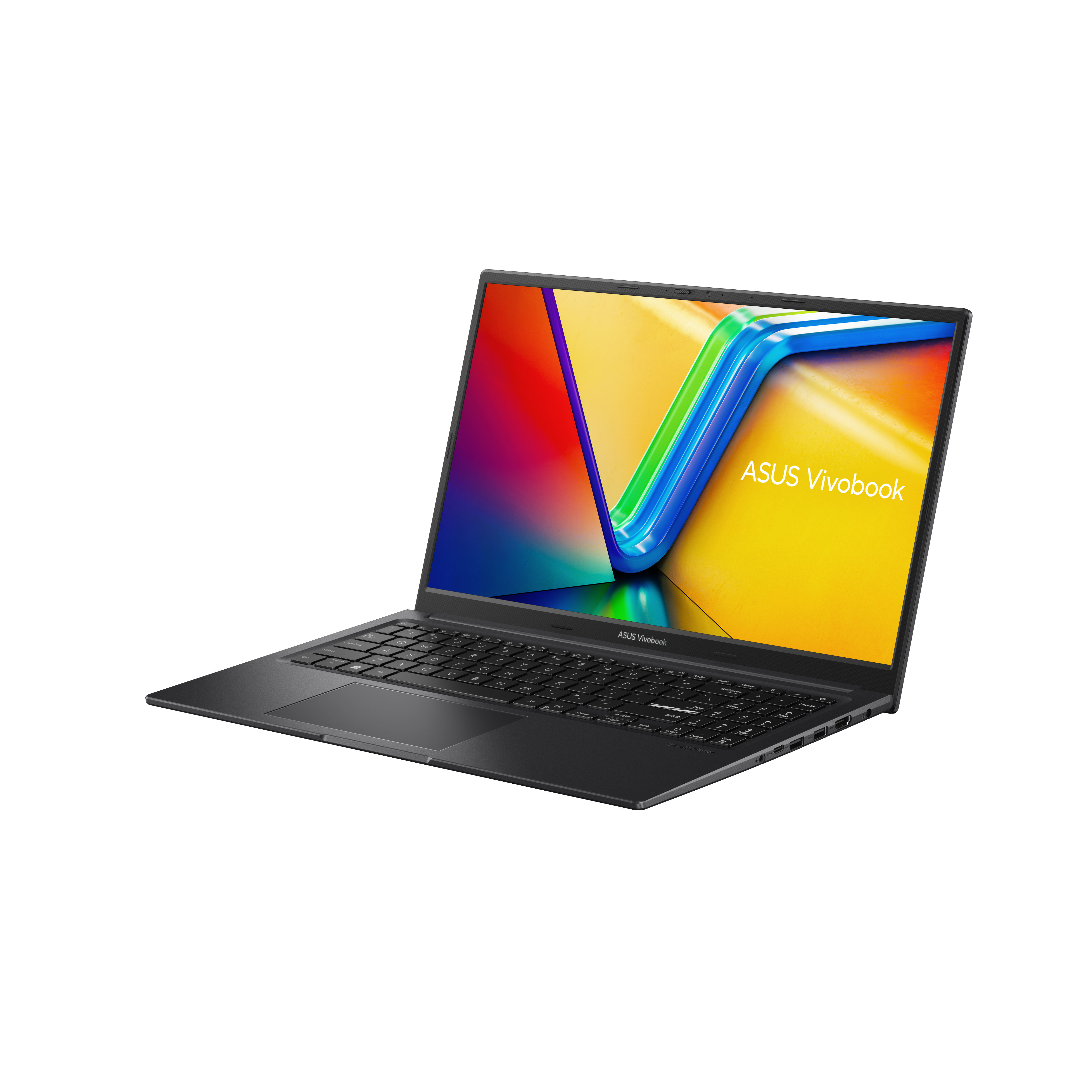 Schwarzer Laptop auf weißem Hintergrund, geöffnet, schräge Ansicht. Zeigt einen bunten Bildschirm mit ASUS Vivobook.