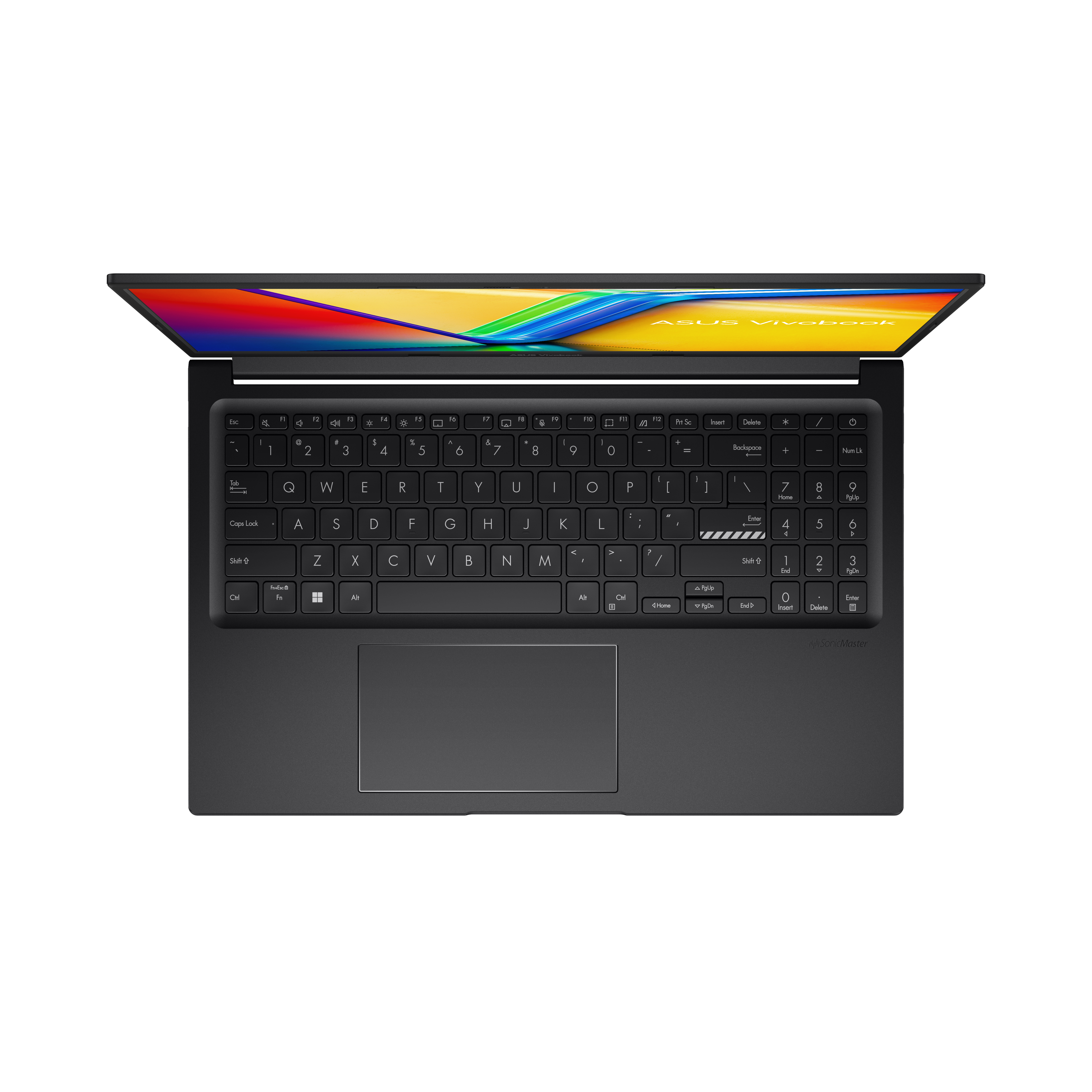 Laptop, offen, Draufsicht, schwarze Tastatur, Trackpad und Display.