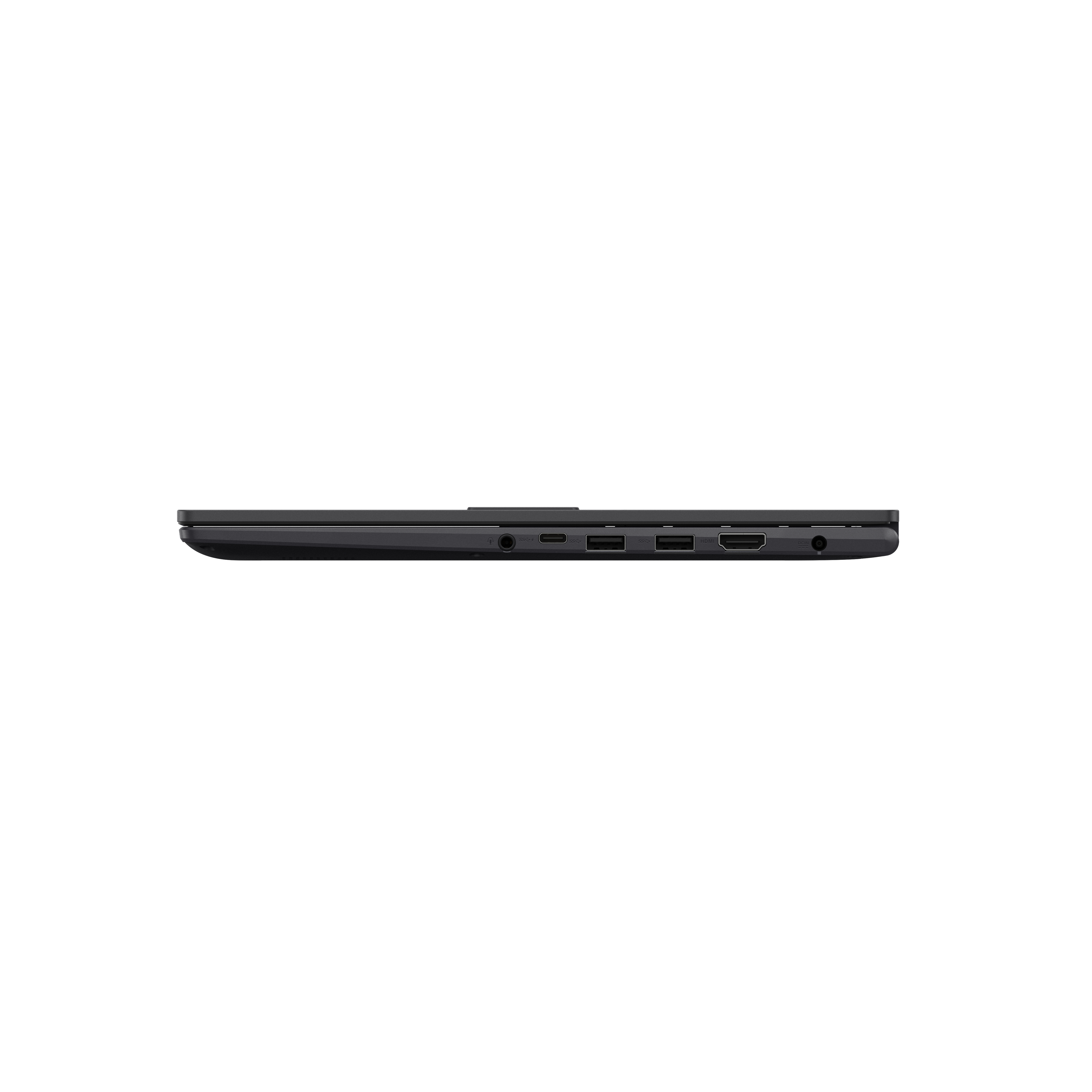 Seitenansicht eines geschlossenen schwarzen Laptops mit sichtbaren Anschlüssen.