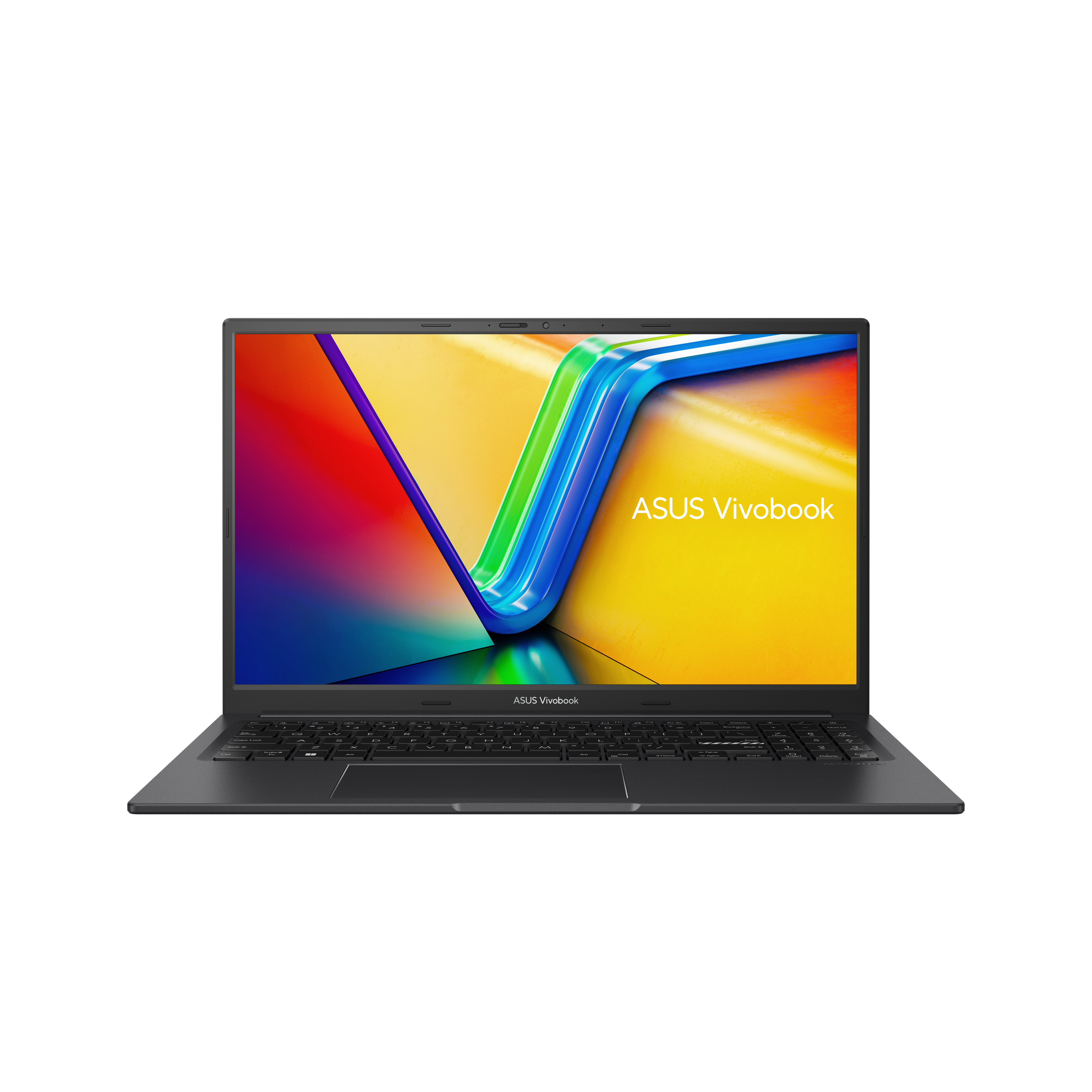 Ein schwarzes ASUS Vivobook Laptop, geöffnet, zeigt einen bunten Bildschirm, vor weißem Hintergrund.