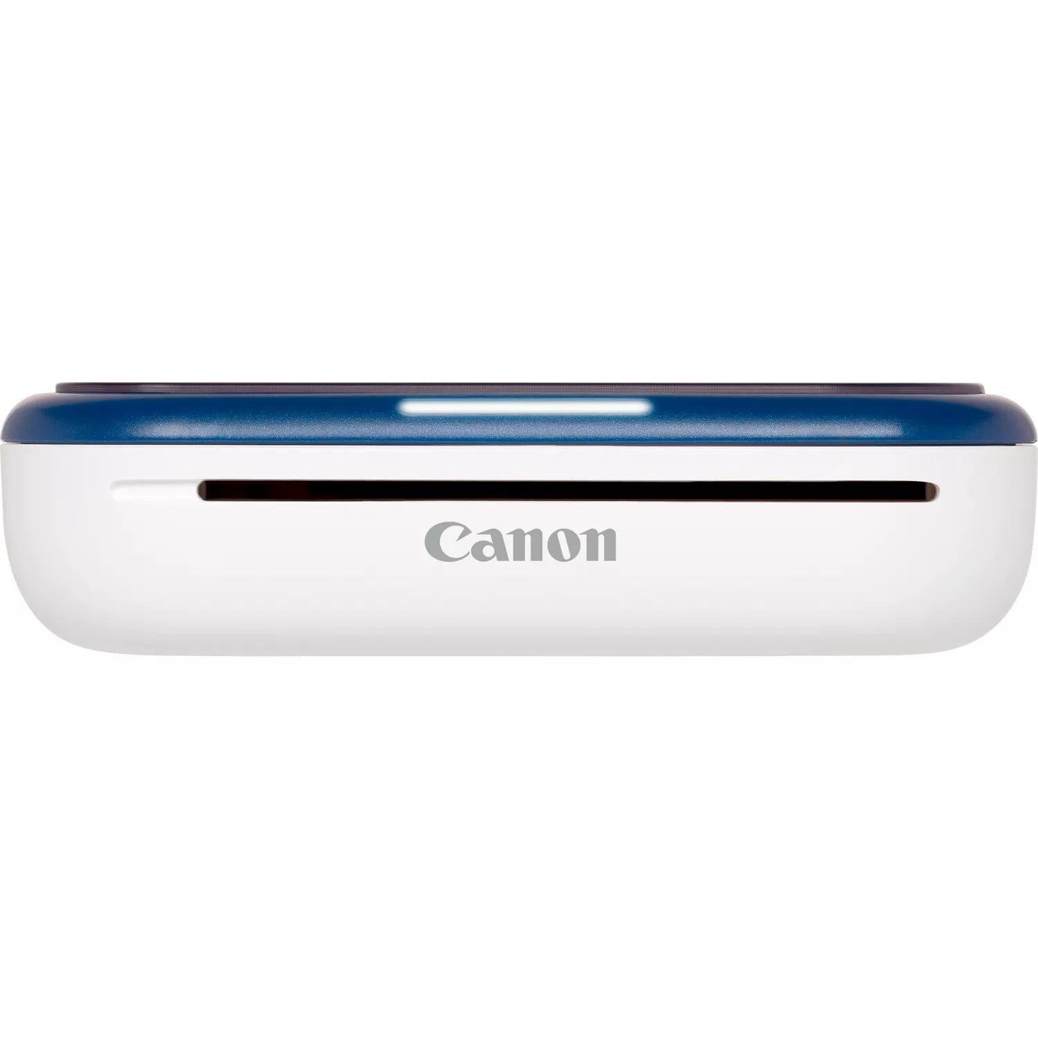 Weiß-blauer Canon-Drucker. Oberseite mit blauem Streifen und Licht. Canon-Logo sichtbar.